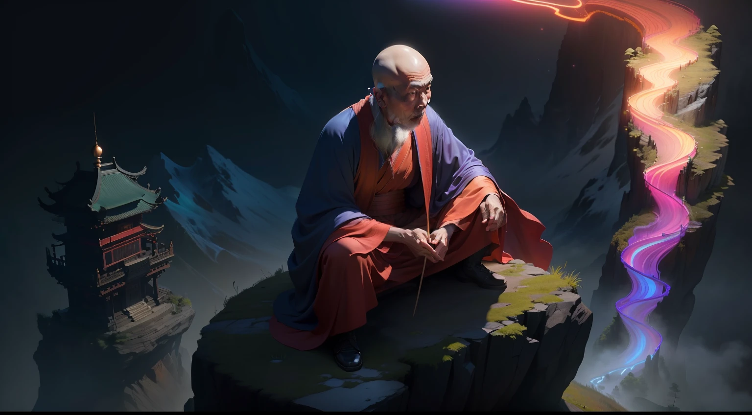 A wise old Chinese monk in the top of mountain, (extremamente colorido:1.3), (Realistic), (bio-luminescence:1.3), altamente detalhado, hyper realistic, Perfect artwork, master part, melhor qualidade, Altas, layered lighting,