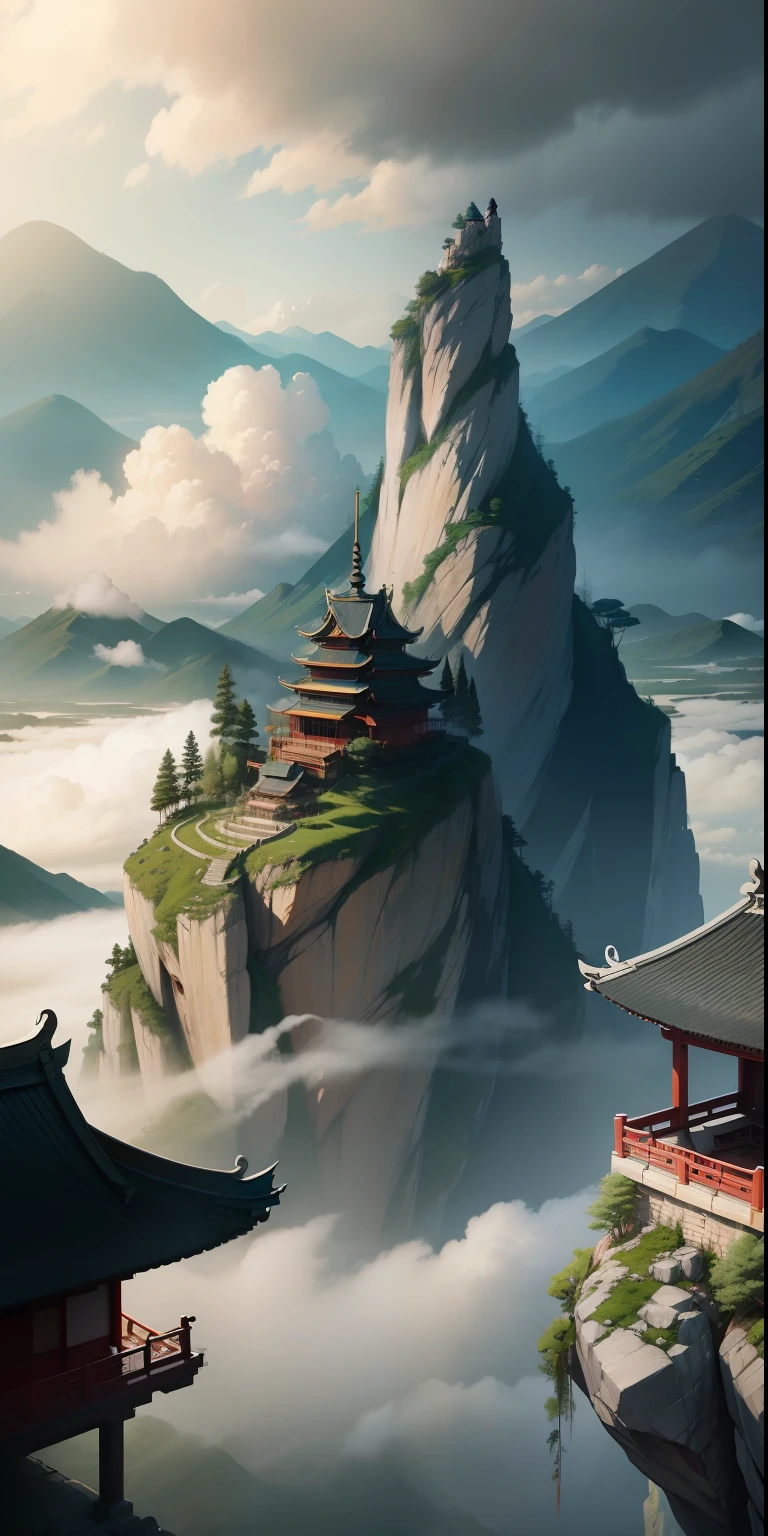 Traditional chinese painting，archaize，mont，Skysky，The tree，pines，​​clouds，landscape painting，Ancient figures，Classical figures，Traditional chinese painting，waterfallr，pavilion，人物，house，Cloud fog，Sea of Clouds，high high quality，Ancient figures，Far Mountain，surrounded by cloud，villages，Ancient villages，Point view characters，Boat，