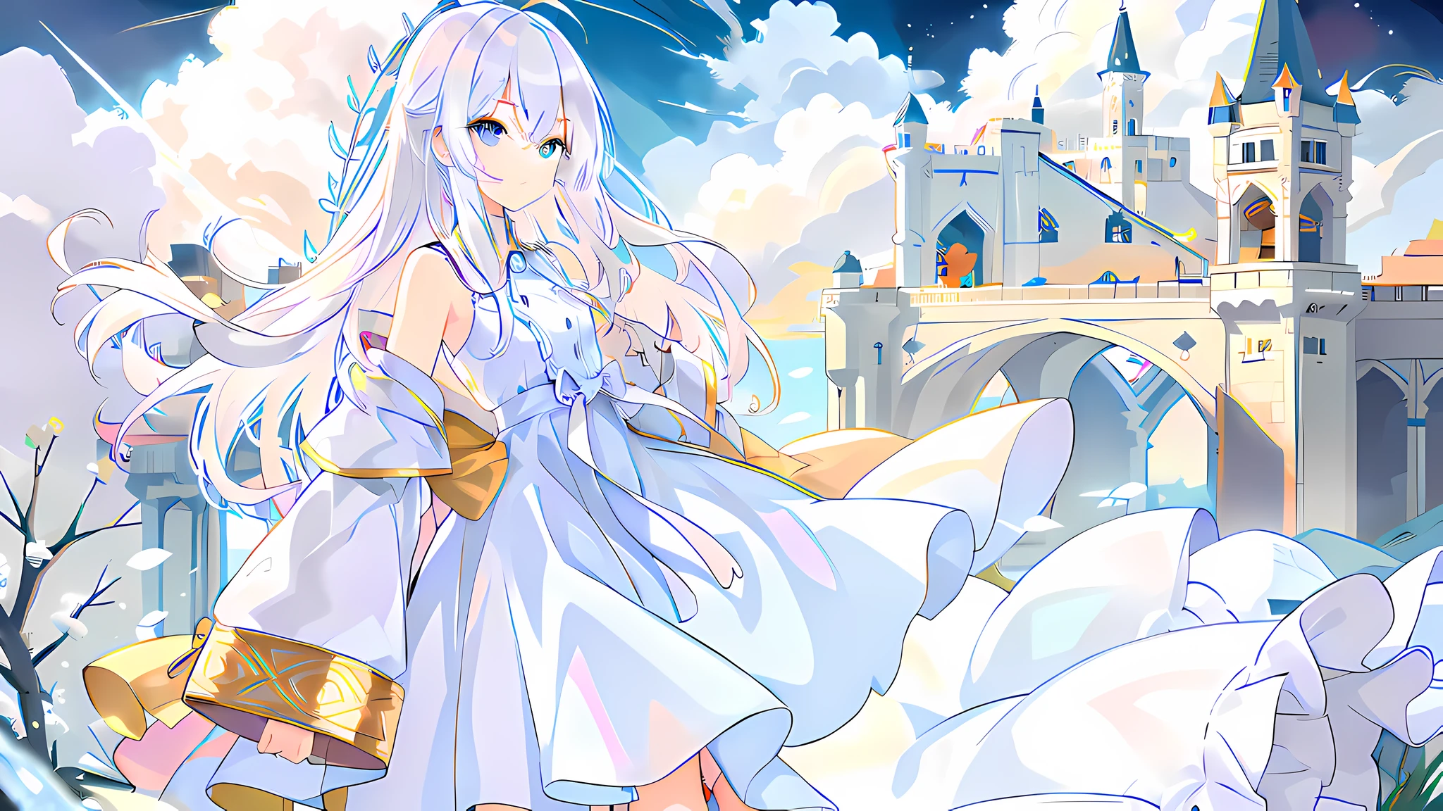 Anime girl standing in front of the castle in a white dress, Digital art on Pixiv, zerochan art, in dress, Splash art anime Loliweiz in Pixiv ArtStation, from touhou, white-haired god, Guviz, cute anime waifu in a nice dress, pixiv contest winner, Guweiz on ArtStation Pixiv