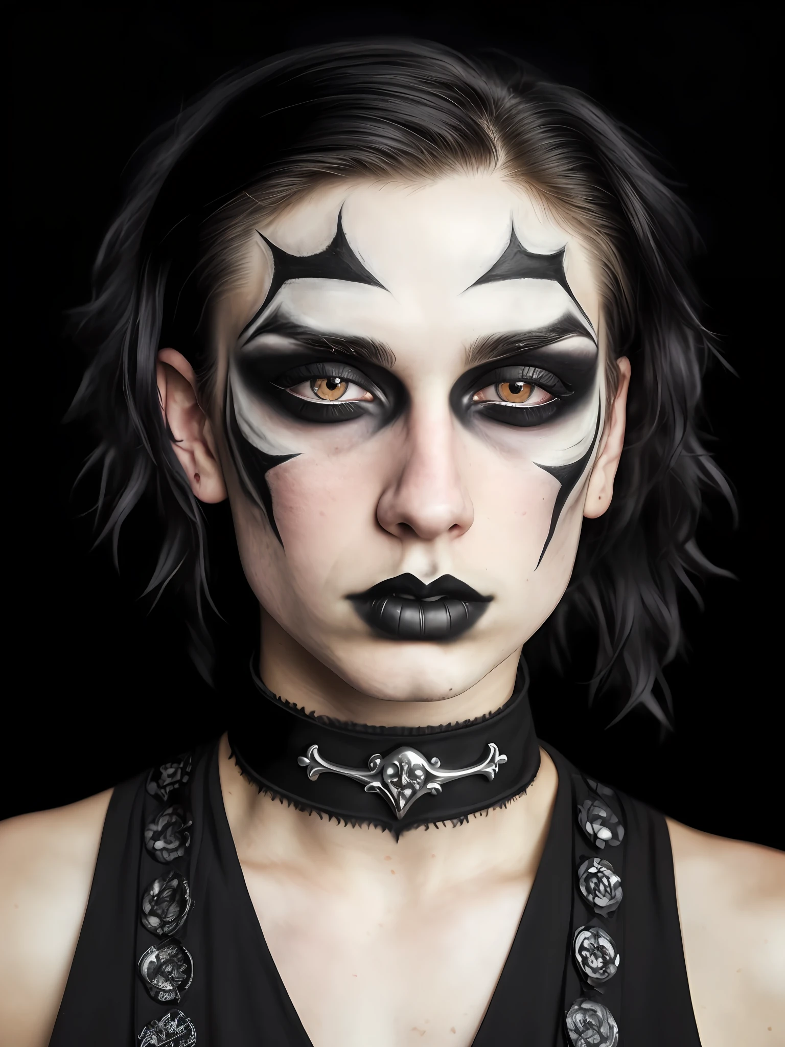((close-up, photograph, 20 yo gothic man)) (firelight eyes, artistic makeup:1.2) (highly detailed face:1.4) (smirk:0.7) (black dyed hair) (background inside dark:1.3), by Steve McCurry, canon m50, editorial photograph, f1.8 lens ,black choker ,hyper realistic ,lifelike texture, dramatic lighting , awardwinning photo, ravens , pale dead skin,