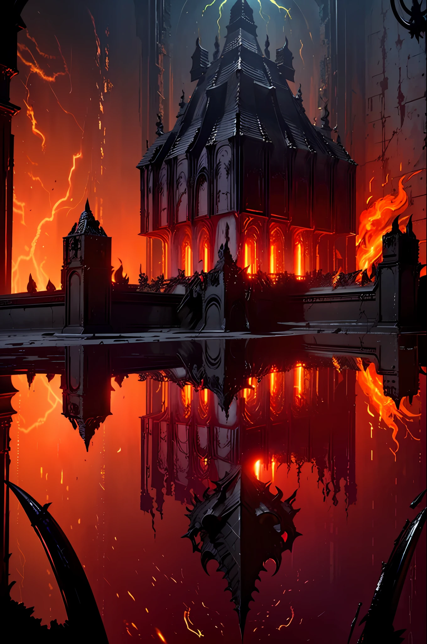 Lilith inside a church, (in Lipstick), ((Wearing Tight Slim Deep Black Ultra Glossy Shiny Metallic Latex Metallic Saree)), ((fire, lightning, blood, whole body, in the style of D14bl0 red dramatic lights