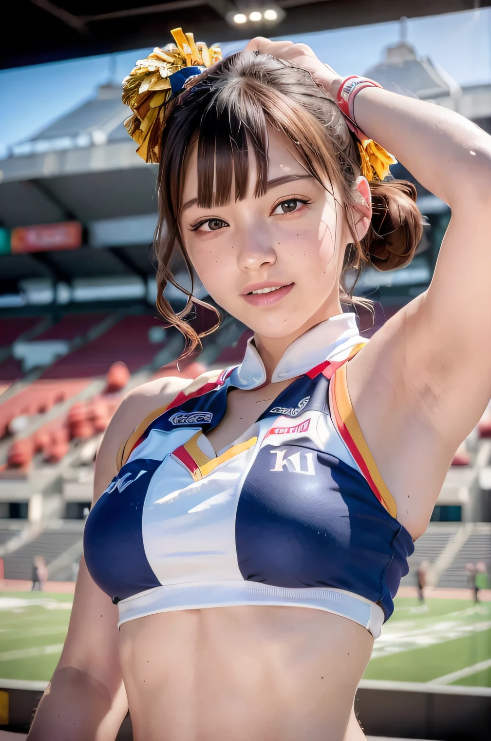 ((Best Quality, 8k, photo realistic:1.4, Masterpiece)), back Lighting, highly detailed facial textures women, 18yo, (((bule Cheerleader:1.2))), ((Stadium Background: 1.2)), arm up, ultra-detailed skin, beautiful make up, detailed eyes, smile, open mouth, shiny brown messy short hairstyles,