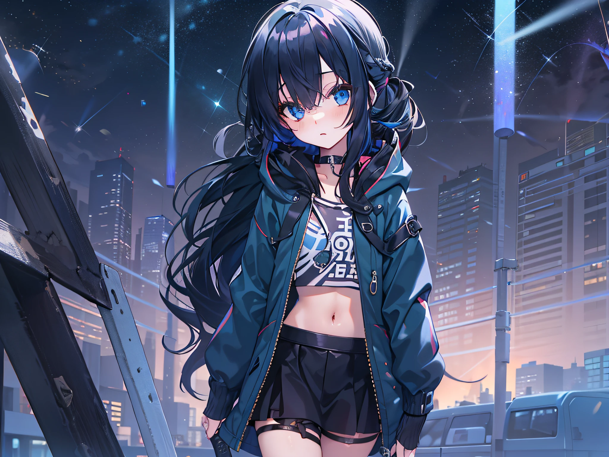 black pantyhoses,s girl,Starry eyes,Black parka,starrysky,the night,Dark blue hair,side ponytails,Extremely long hair,black knee boots,Hair covers one eye,asymmetricalbangs,Perfect female body,bit girl,Short stature,1girll