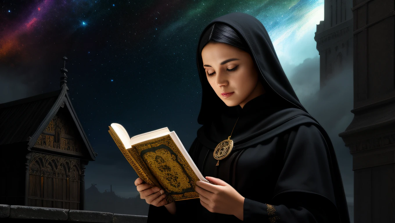 bonita Leitura , Reading the Bible, space background , retrato de arte conceitual por Greg Rutkowski, Artgerm, hyper-detailed intricately detailed Gothic art trend in Artstation triadic colors Unreal Engine 5 detailed matte painting, cor profunda, genial, detalhe intrincado, tela inicial, cores complementares, arte conceitual de fantasia, 8K分辨率, Gothic masterpiece Deviantart, (tiro escuro: 1.17), epic realistic, desbotado, ((cores neutras)), arte, (HDR:1.5), (cores silenciadas:1.2), hiperdetalhada, (art-station:1.5), cinematografic, luzes quentes, dramatic light, (detalhes intrincados:1.1), fundo complexo, (Rutkowski:0.8), (azul-marinho e laranja:0.4)