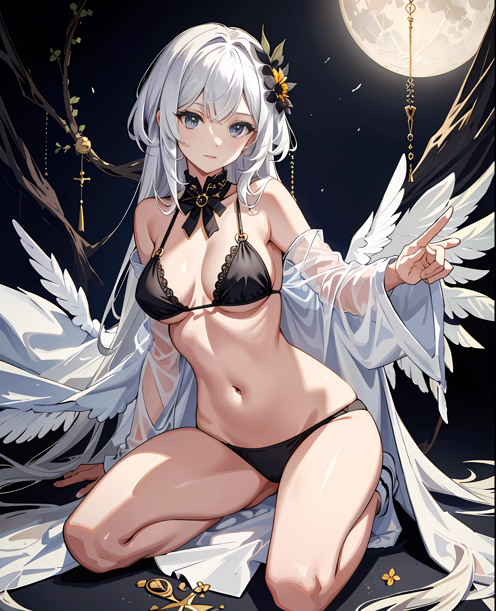(Masterpiece), (Best quality), full bodyesbian,Simple background,Sitting,
1girll,Shiny hair,White hair,feathers hair ornament, White cloak, ((See-through)),navel,Light smile,hair
planting, flower, full_Moon,detective theme,((black sock)), ((crow)),Chains,废墟,
1 gir, in flower,black_Bikini,1girl in flower ,navel,