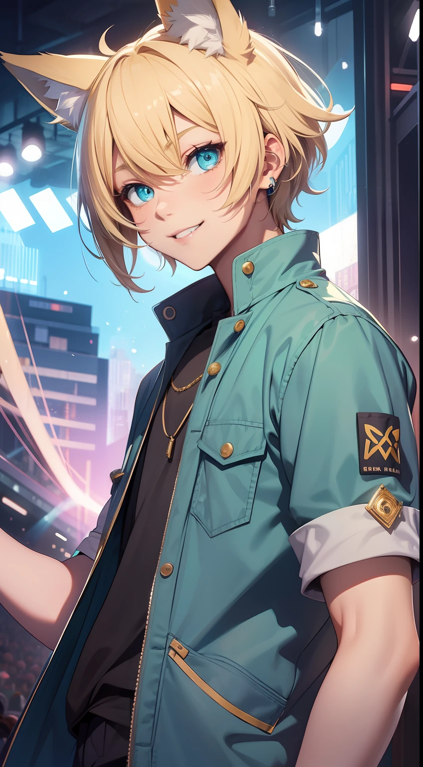 Young guy, short blonde hair, Fox ears, Cyan eyes, pop-idol, ssmile, Masterpiece, hiquality