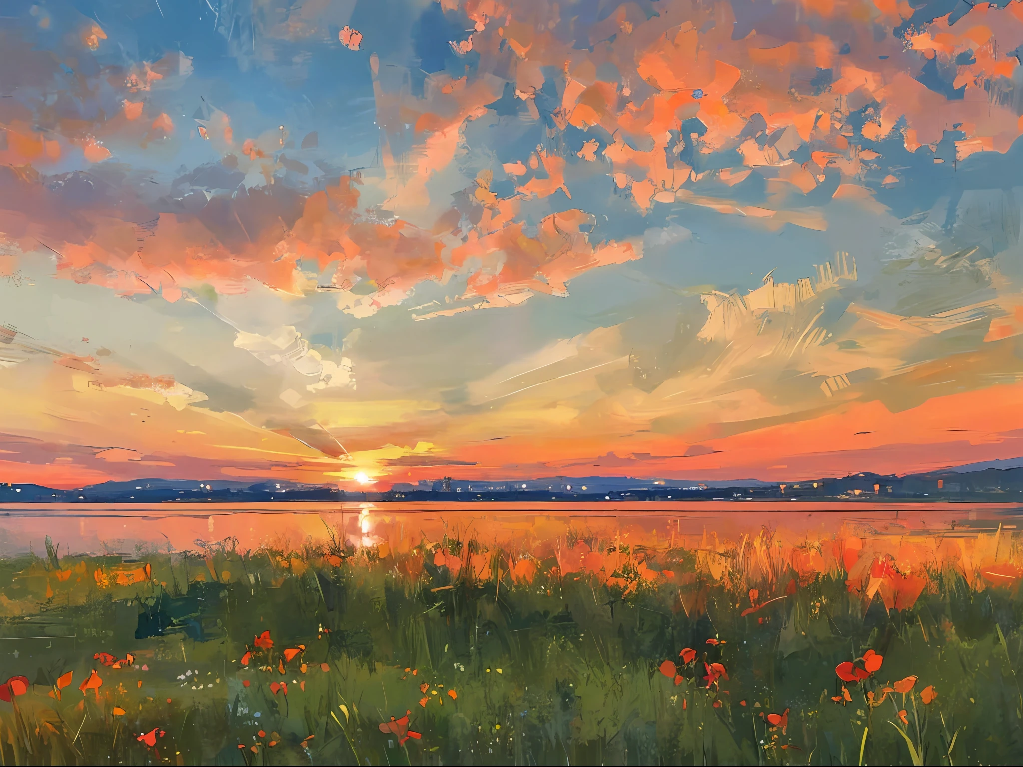 masterpiece,best quality,lycoris,flower field,depth of field,dusk,orange sky,sunset,glow,lake