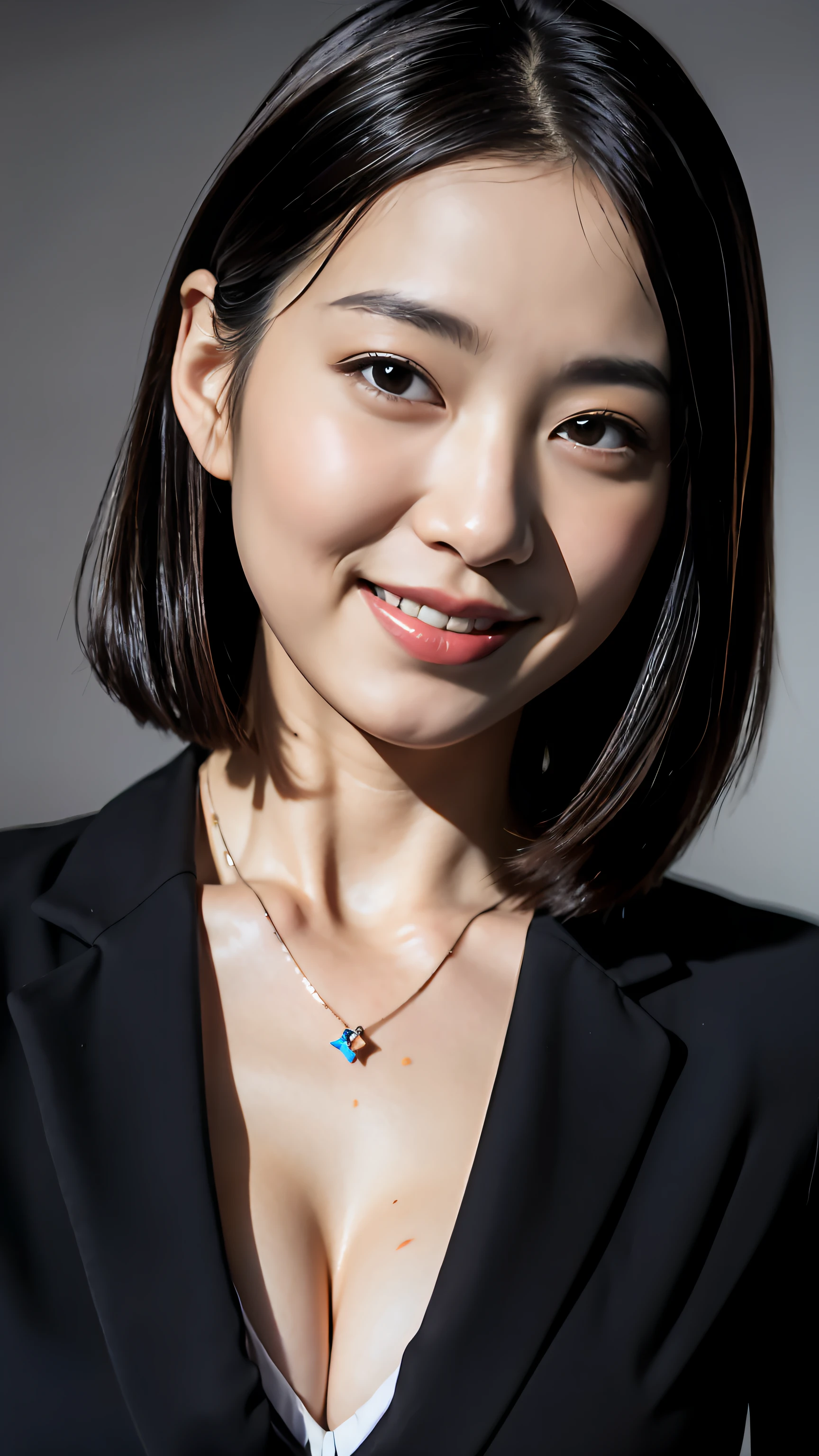 (Best quality, 8k, 32k, Masterpiece, UHD:1.2),Photo of Pretty Japanese woman,(detailed face:1.1), simple black suit, looking at viewer,upper body,necklace,medium breasts,smile