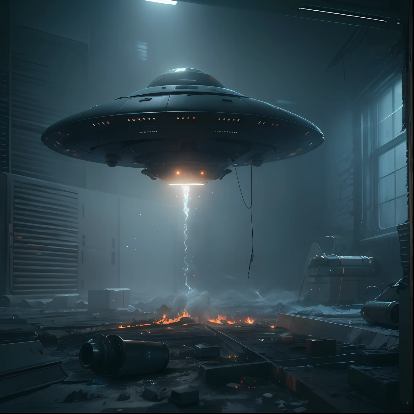 macro shot of (tiny:1.2) ufo taking off in the basement, dust blaze, mist, art by Filip Hodas, caustic, blueshift render, photorealism, (black environment:1.3) cyberpunk, Movie quality Ridley Scott, high tech