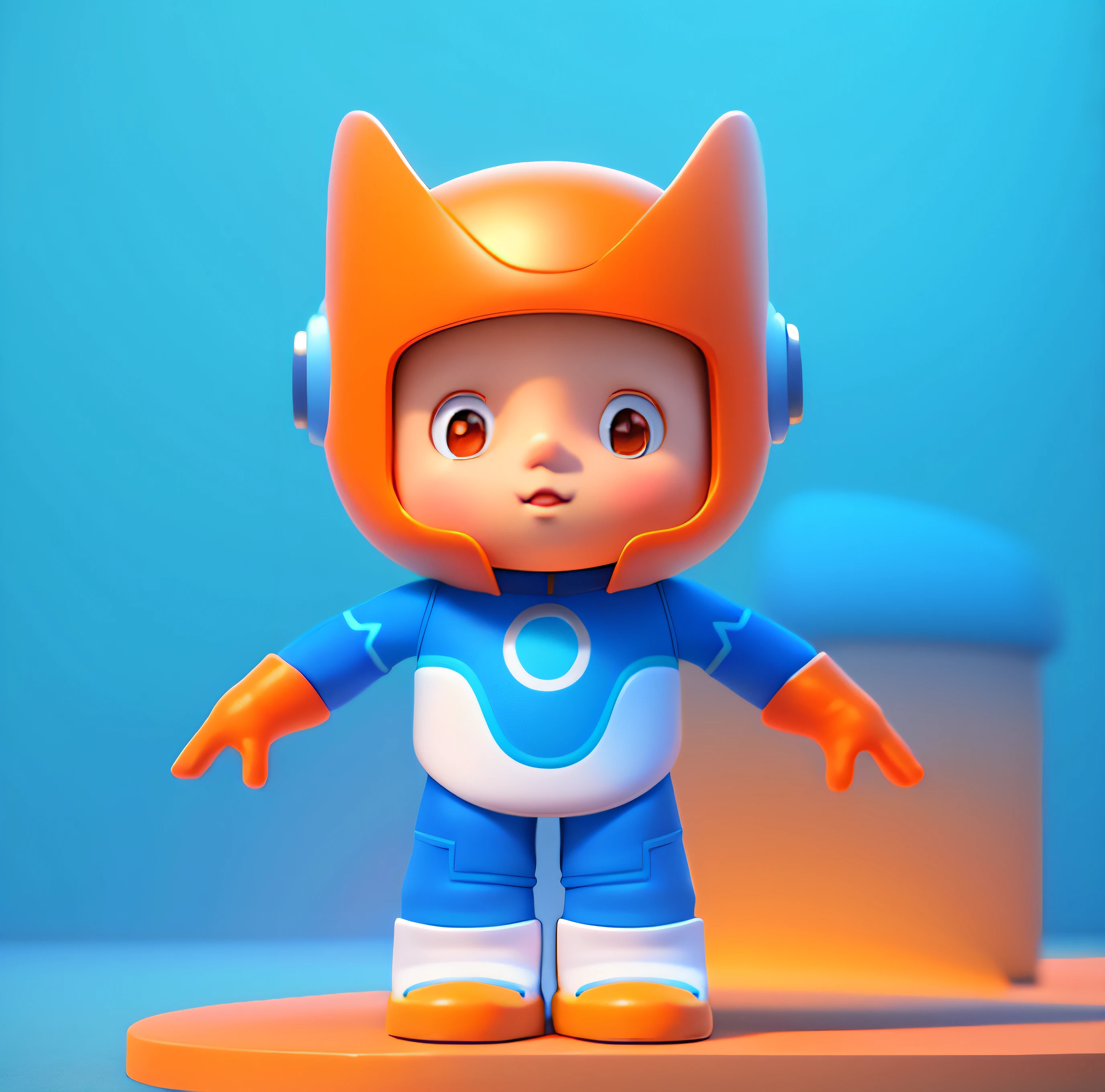 A little boy, orange helmet, blue clothes, white gloves, white shoes, 3d rendering, Pixar style