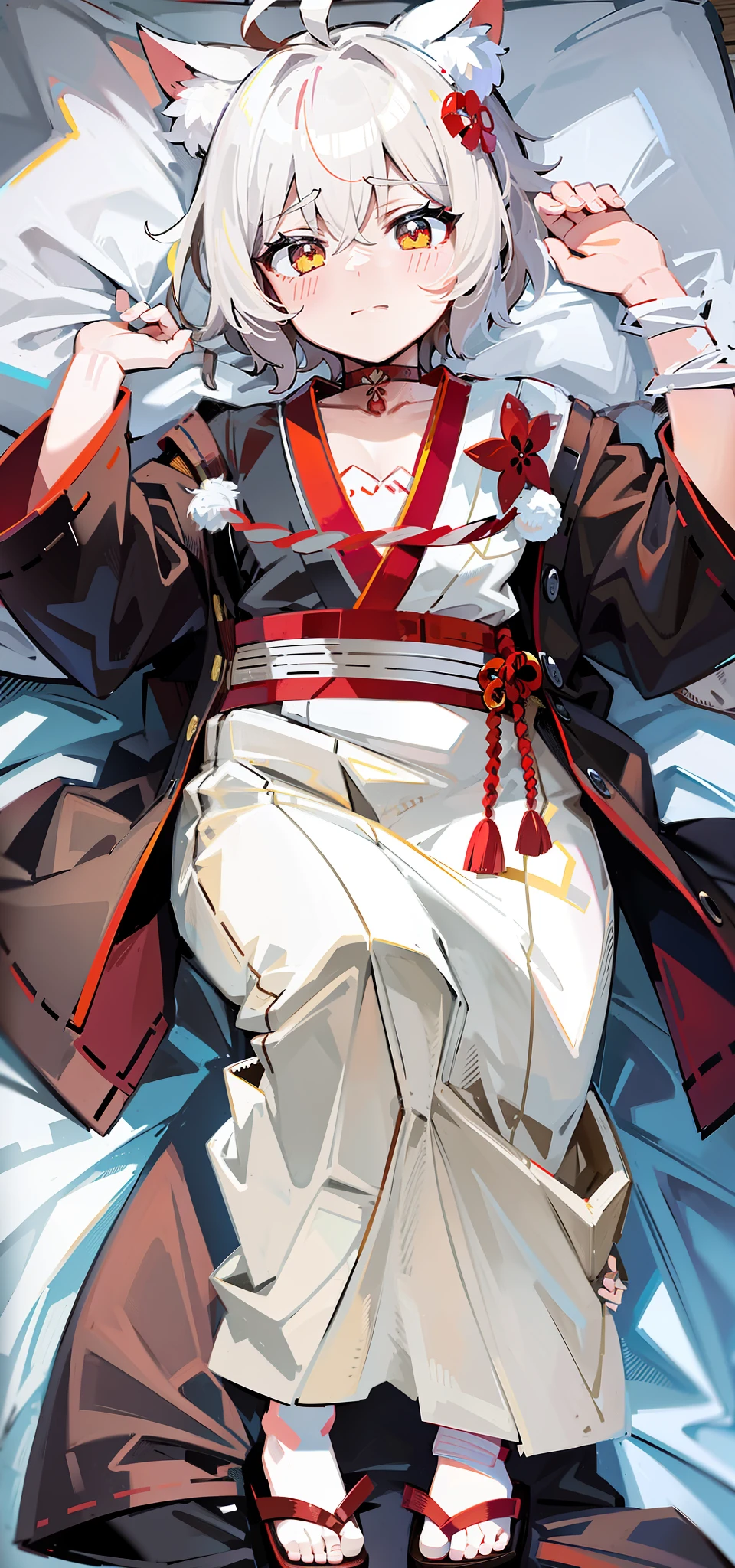 brown furisode,Light brown pants,brown hakama,Bed,dakimakura,white bed sheet,komono,Red and white belt,Short hair,hand
