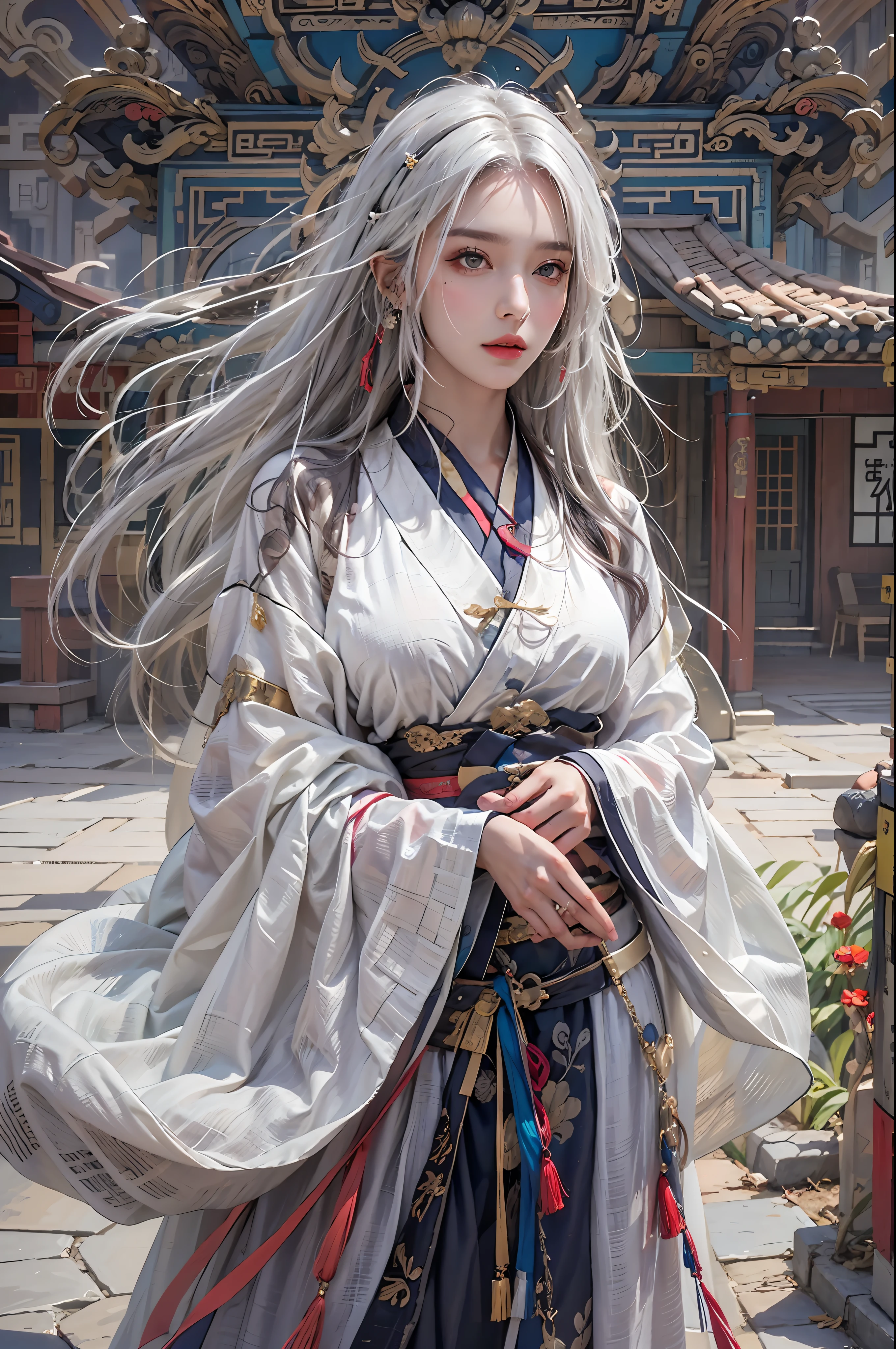 photorealistic, high resolution, 1women, solo, hips up, look at viewer, (detailed face), white hair, long hair, Taoist robe,oversized clothes, jewelry