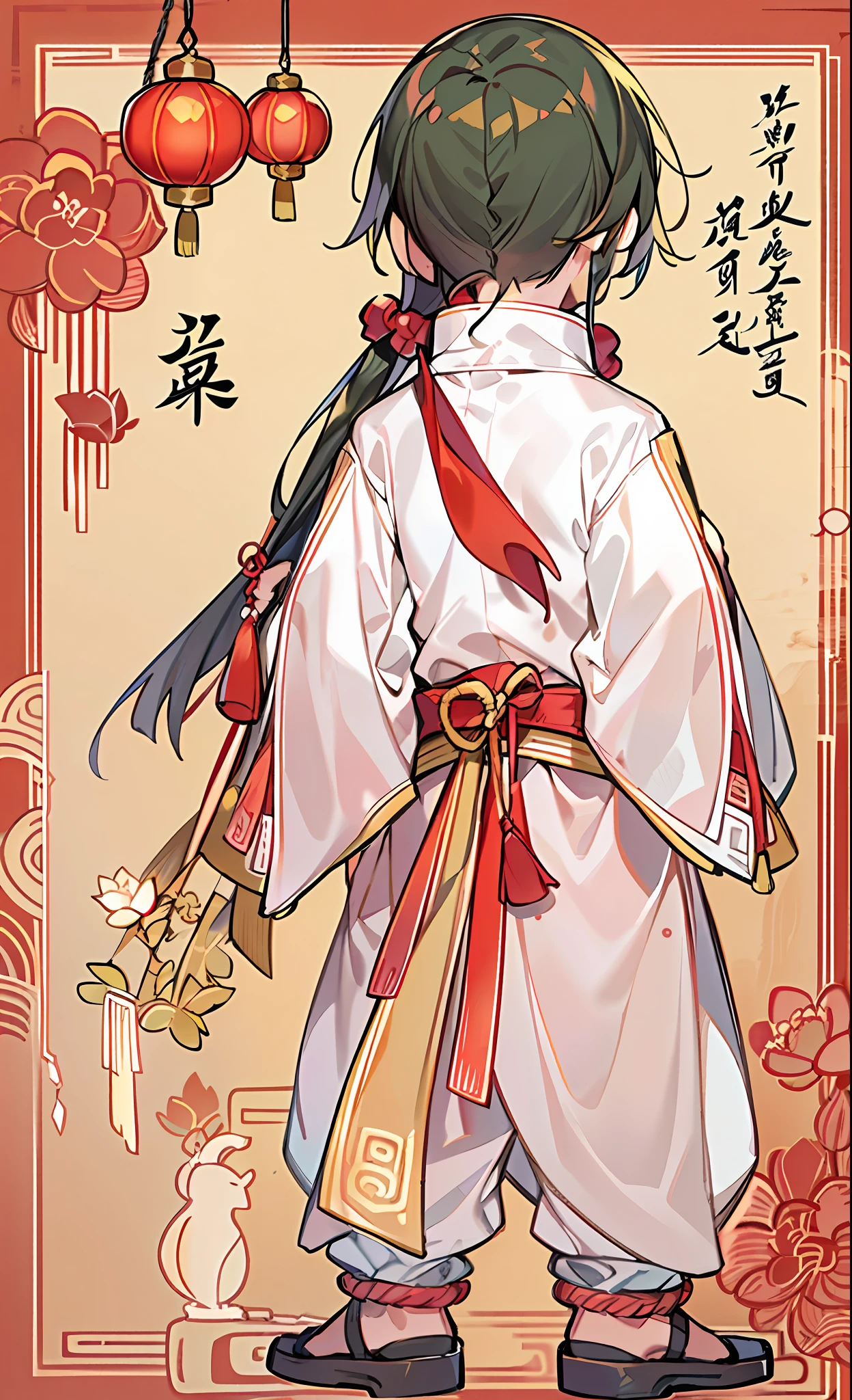 A boy in a white Hanfu holds a red scarf，boy，There is a red flame pattern in the middle of the forehead，（There is a red glow at the corners of the eyes)，There are Chinese Taoist elements and Buddhist elements，nezha，The upper body has no sleeves, and the front leaks out of the collarbone, and the back leaks from the back，（Barefoot ankles tied with red muslin strips)，Lotus element，Lotus leaf element，，Shorts that are not too short，He has long hair on both sideburns and two ball-shaped hairs tied with red rope on his head，（Six-year-old boy)，boy，full body shot shot，（Clothes leaking out of the back)