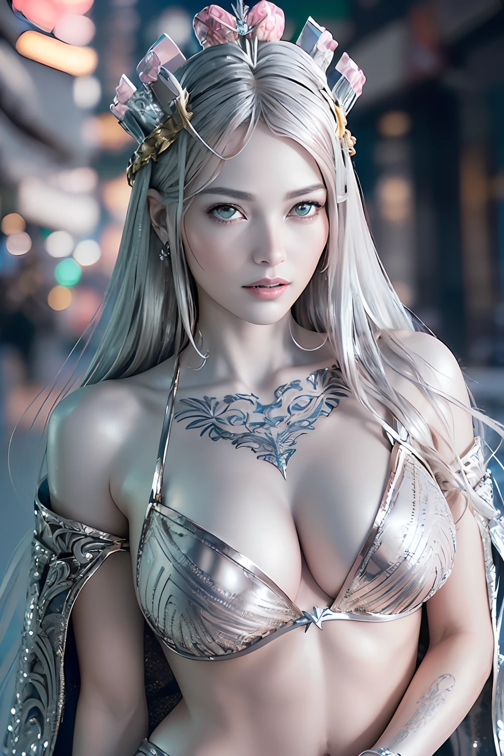 Ultra-detailed complex 3D rendering of the face, (masterpiece, top quality, octane rendering,), glamour shots full body image, very beautiful young elves, cleavage, (highly detailed skin: 1.2), (exposure: 1.1), ((blue micro bikini: 1.95)))). , 8k, (((very soft breasts)), (((conspicuous large pink areola)), beautiful Caucasian woman with white skin with full soft breasts with big buttocks, one, long braided hair, big breasts, dynamic angles, (((huge breasts: 2.4)), ultra-realistic photos, ((((((silver hair)))), futuristic urban background, facial muscles, (((((detailed and glamorous silver crown)))), In the style of Marvel Comics, ArtStation Trends, Clear Focus, Intricate Details, Very Detailed, Detailed Green Eyes, Sharp Focus, Digital Rendering, Professional, Abs, Lip Gloss, Glossy Skin, Sexy Pose, Golden Tattoo All Over Body, Silver Pattern All Over Body, Silver Lame Skin, Gold Glitter Skin, Mansuji, Buttocks, Jeweled All Over the Body, with silver scales, silver hair,