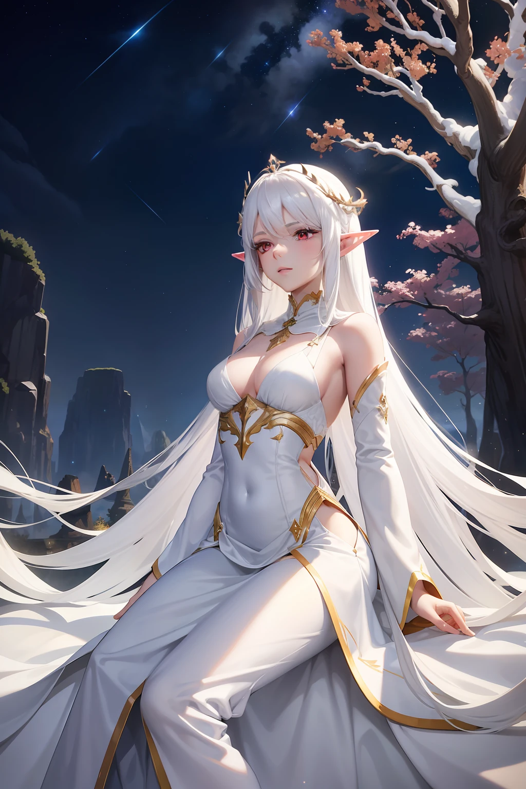 Wearing a long white gold dress,Beautiful and elegant elf commander,White hair and red eyes,The background is a tree trunk,The sky is the stars,The chest is moderate,The hand is blocked by the body at the side