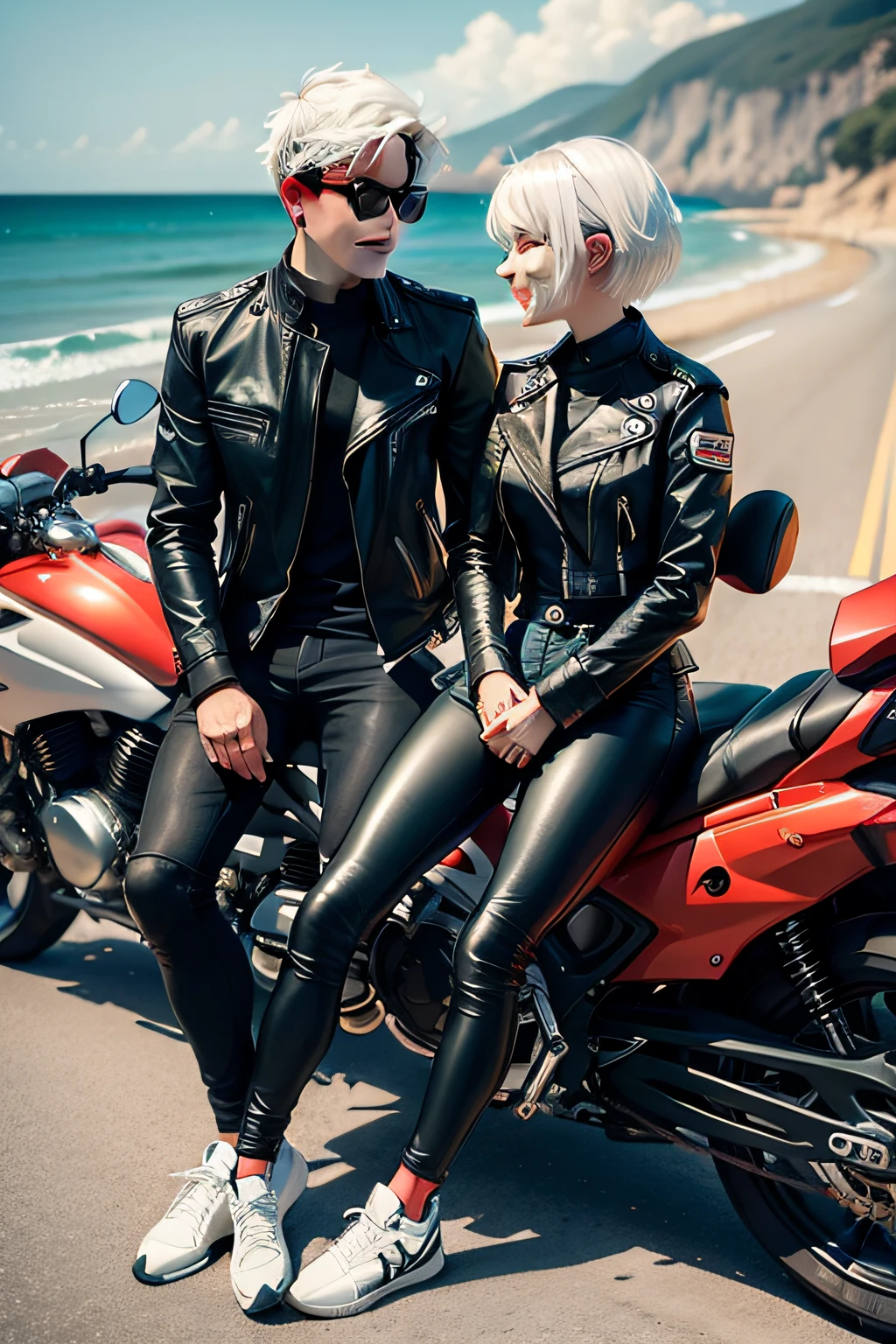 A motorcycle is parked by the sea, a boy and a girl are sitting in the car, talking and laughing, girls' sneakers, sports leather pants, short white hair