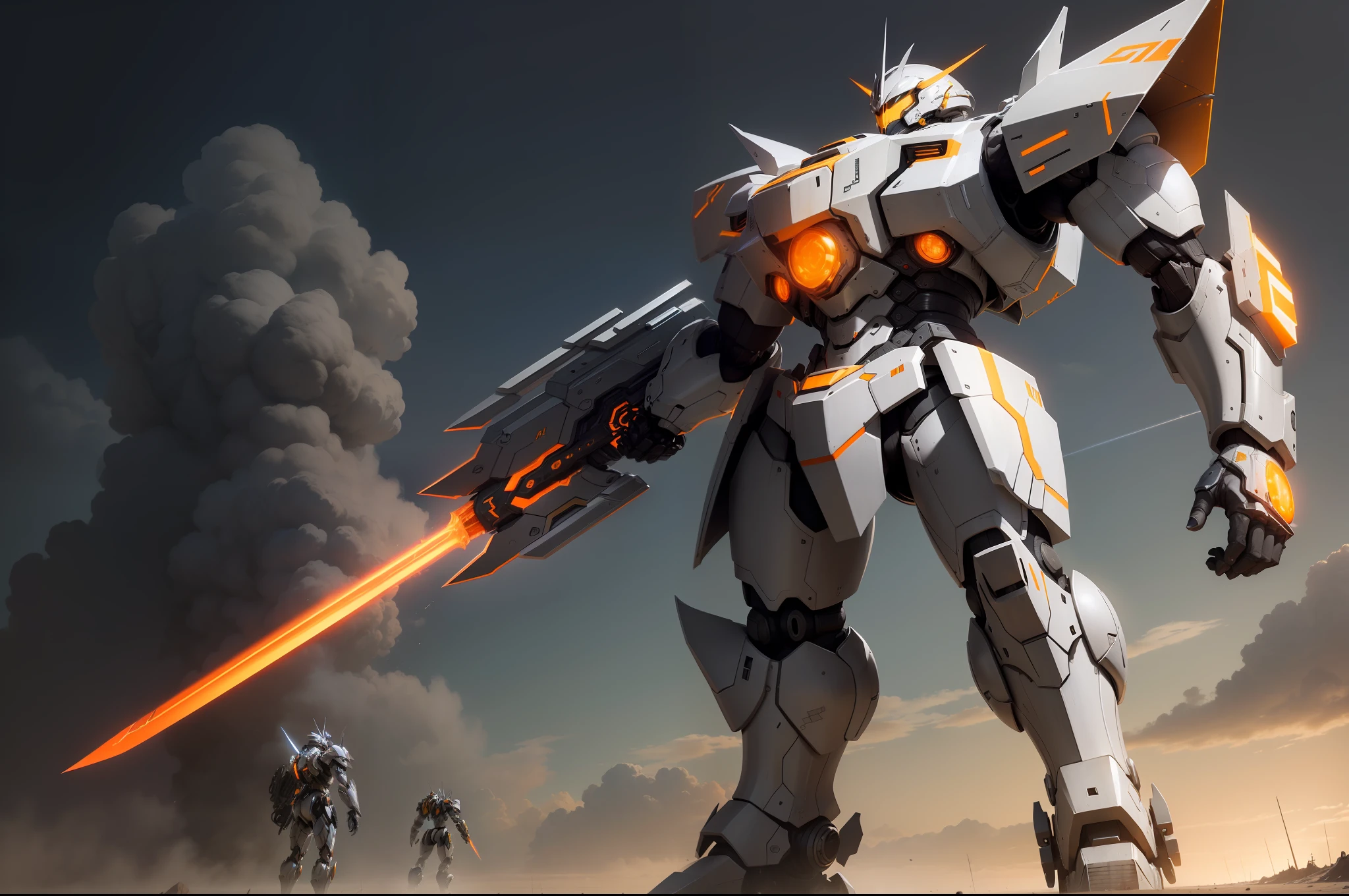 Huge silver-gray mech，Armed with a giant sword，The head has a V-shaped orange-yellow light-emitting device，There is an orange-yellow light-emitting device on the chest，It reflects the enormity of the mecha，It reflects the enormity of the sword