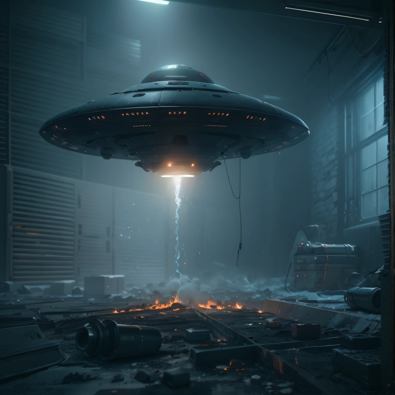 macro shot of (tiny:1.2) ufo taking off in the basement, dust blaze, mist, art by Filip Hodas, caustic, blueshift render, photorealism, (black environment:1.3) cyberpunk, Movie quality Ridley Scott, high tech