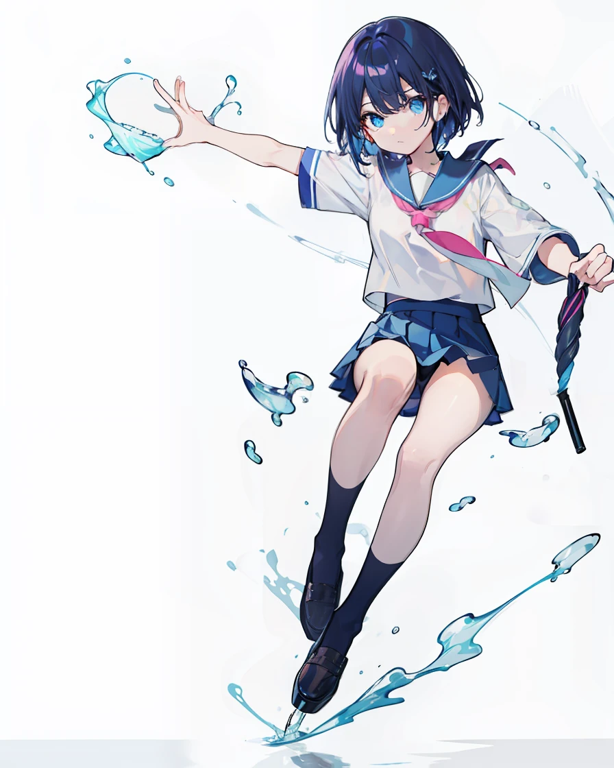 Kizi,校服,Maniac,Dark blue hair,Cyan eyes,face expressionless,whitet-shirt,pretty hand,water bloom,umbrellas