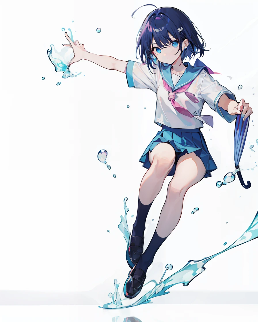 Kizi,校服,Maniac,Dark blue hair,Cyan eyes,face expressionless,whitet-shirt,pretty hand,water bloom,umbrellas