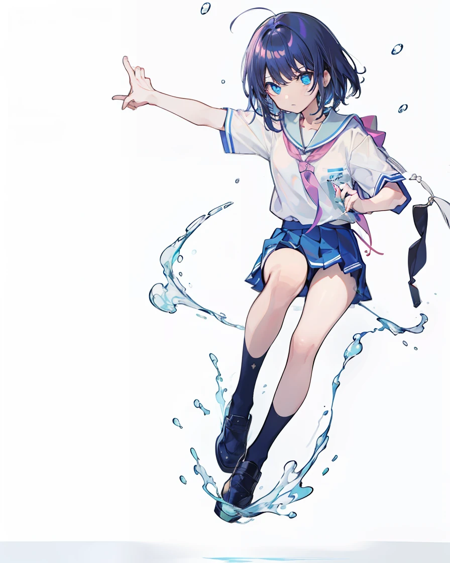 Kizi，校服，Maniac，Dark blue hair，cyan eyes，face expressionless，whitet-shirt，pretty hand,water bloom，