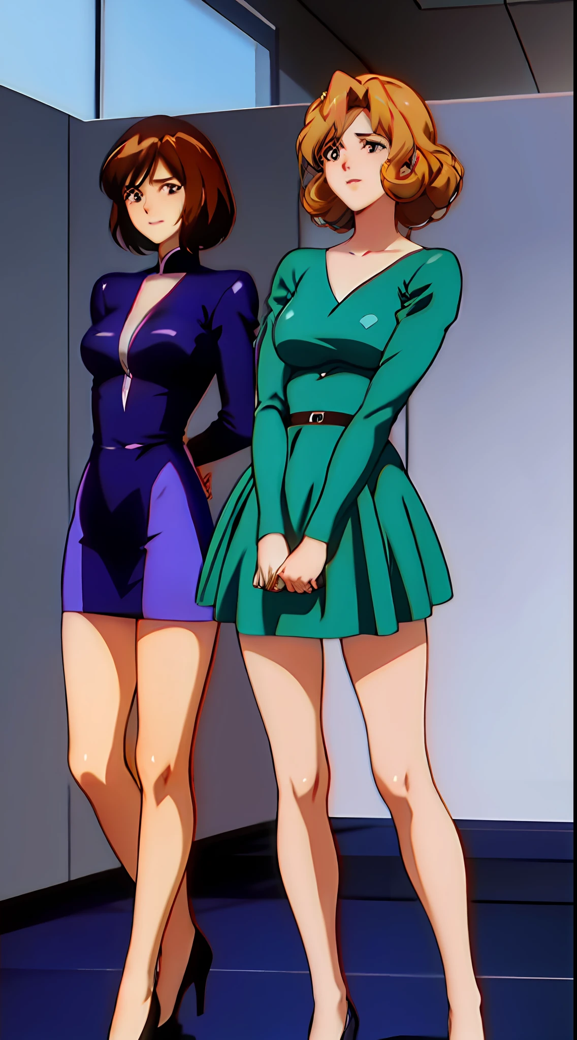 3girls, triplets, clones, masterpiece, best quality, extremely detailed 8K wallpaper, skin tight, ultra detailed, volumetric lighting, best anatomy, detailed eyes, beautiful eyes, best shadow, retro artstyle, 1990s (style), anime screencap, screencap, town in the background, brunette girl, brown hair, long hair, curly hair, hazel eyes, blue dress, matching dresses, matching outfits, high heels, trio, closeup