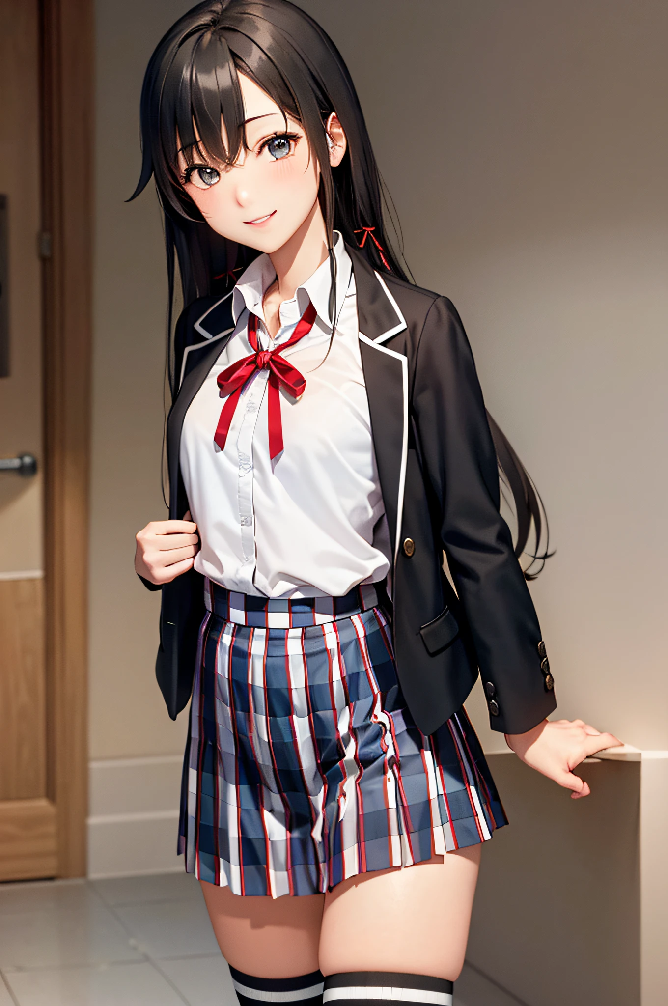 (masterpiece, best quality:1.2), cowboy shot, solo, 1girl, yukinoshita yukino, smile, closed mouth, looking at viewer, school uniform, black jacket, plaid skirt, thighhighs