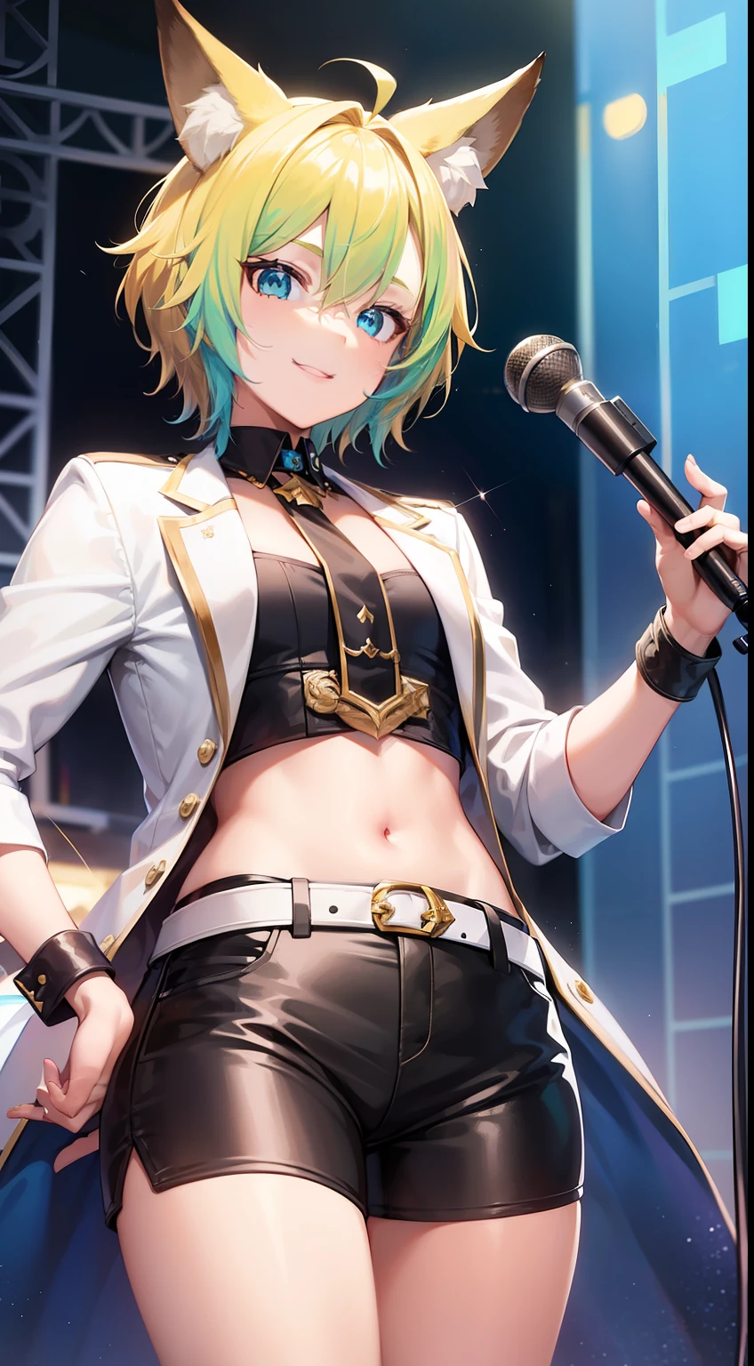 Young guy, short blonde hair, Fox ears, Cyan eyes, pop-idol, ssmile, Masterpiece, hiquality