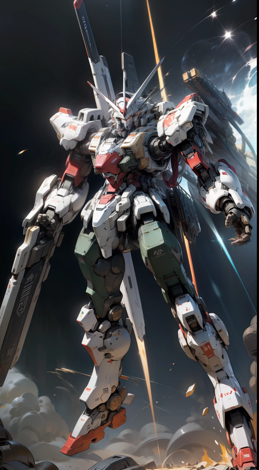 Surrealism, Ray Tracing, Photorealistic, UHD, High Detail, 32k, Best Quality, Textured Skin, Gundam Mecha, Flight, Funnel, Mecha Ship, Masterpiece, Best Quality, Mecha, Unmanned, (Full Body), (Black Mecha: 1.8), (Axisymmetric: 1.4), (HDR), (Movie Light: 1.1), White Eyes, Cool, Science Fiction, Fire, Universe, oversized shield, mecha man overlooking the background of the earth, with laser cannon beams, wars, conflicts, weapons in hand (has a huge weapon: 1.5),