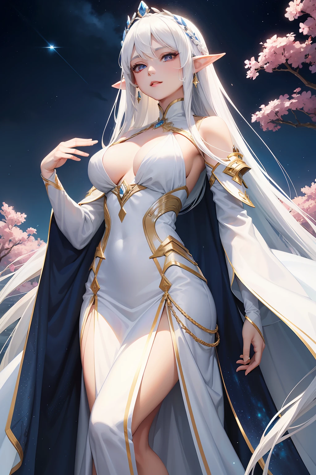 She wears a long white and gold dress,Beautiful and elegant elf commander,White hair and red eyes,The background is a tree trunk,The sky is the stars,The chest is moderate,The hand is blocked by the body on the side