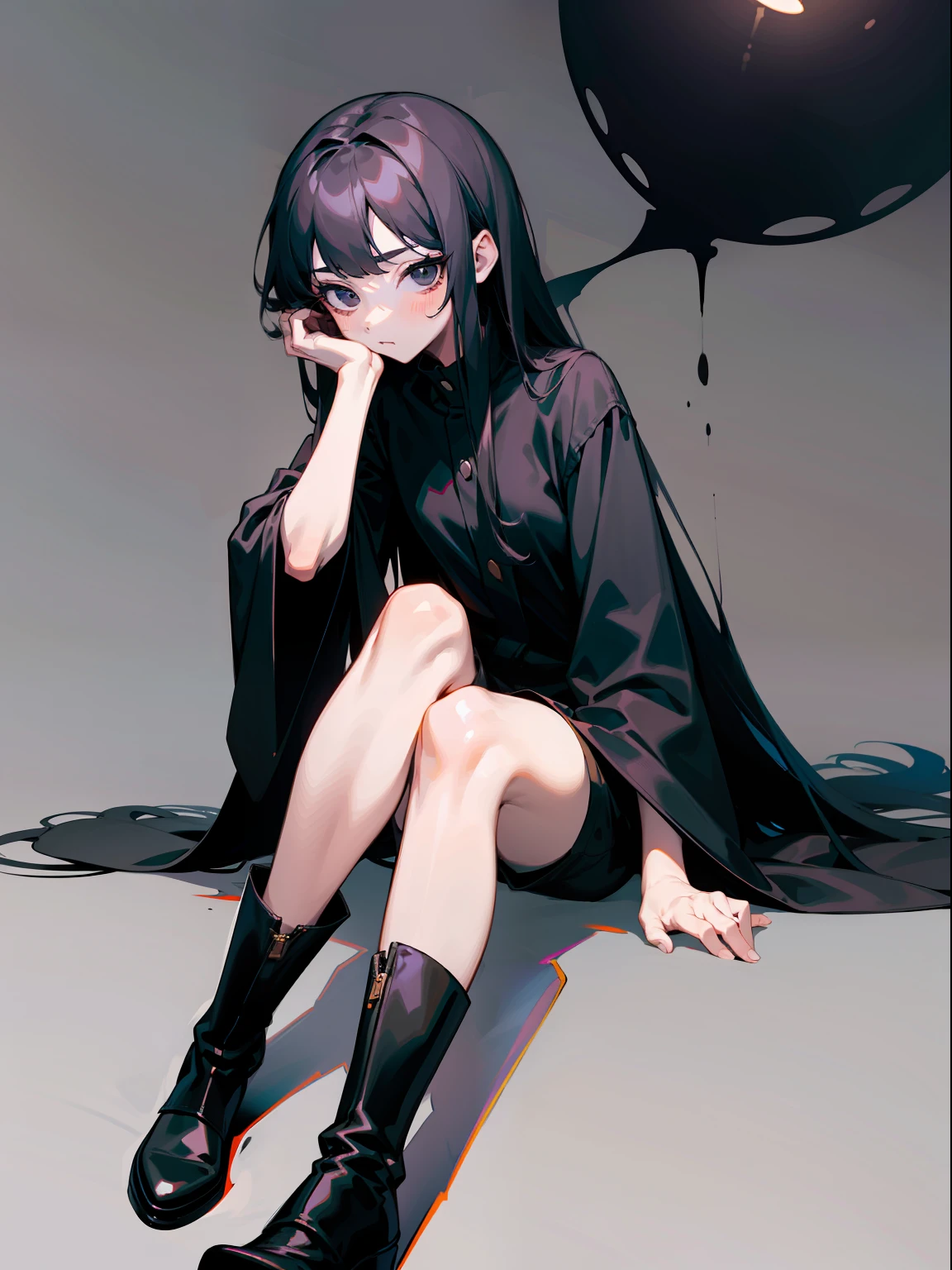tmasterpiece，A high resolution，one-girl，dimly lit，black long hair，Manteau，black shirt，Black eyes，Look ahead，Empty eyes，Sluggish，sat on the ground，simplebackground，Wide sleeves，The hand is in the sleeve，hidden hands，shorts，leg ring，Black boots