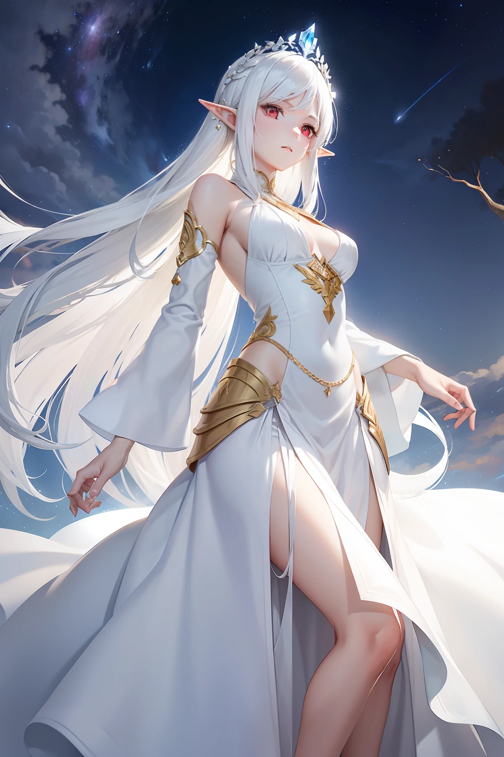 Wearing a long white gold dress,Beautiful and elegant elf commander,White hair and red eyes,The background is a tree trunk,The sky is the stars,The chest is moderate,The hand is blocked by the body at the side