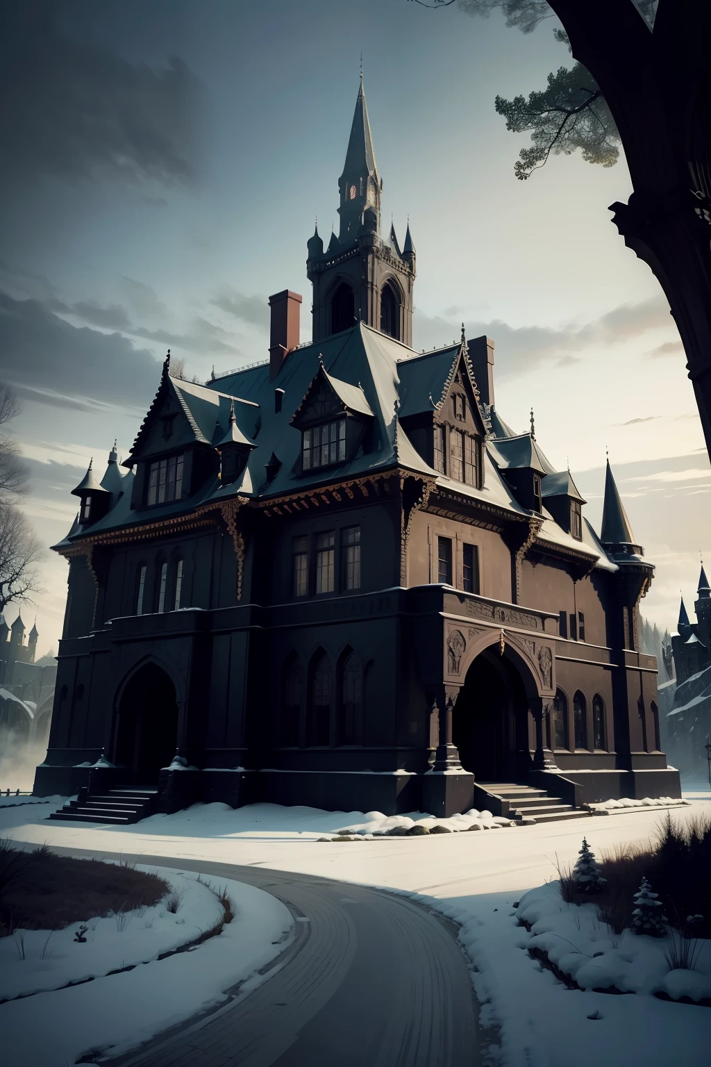 classical,borgar,goth style,darkly,Black magic,medieval times,exquisite detailing,opulent,Exterior view of the castle