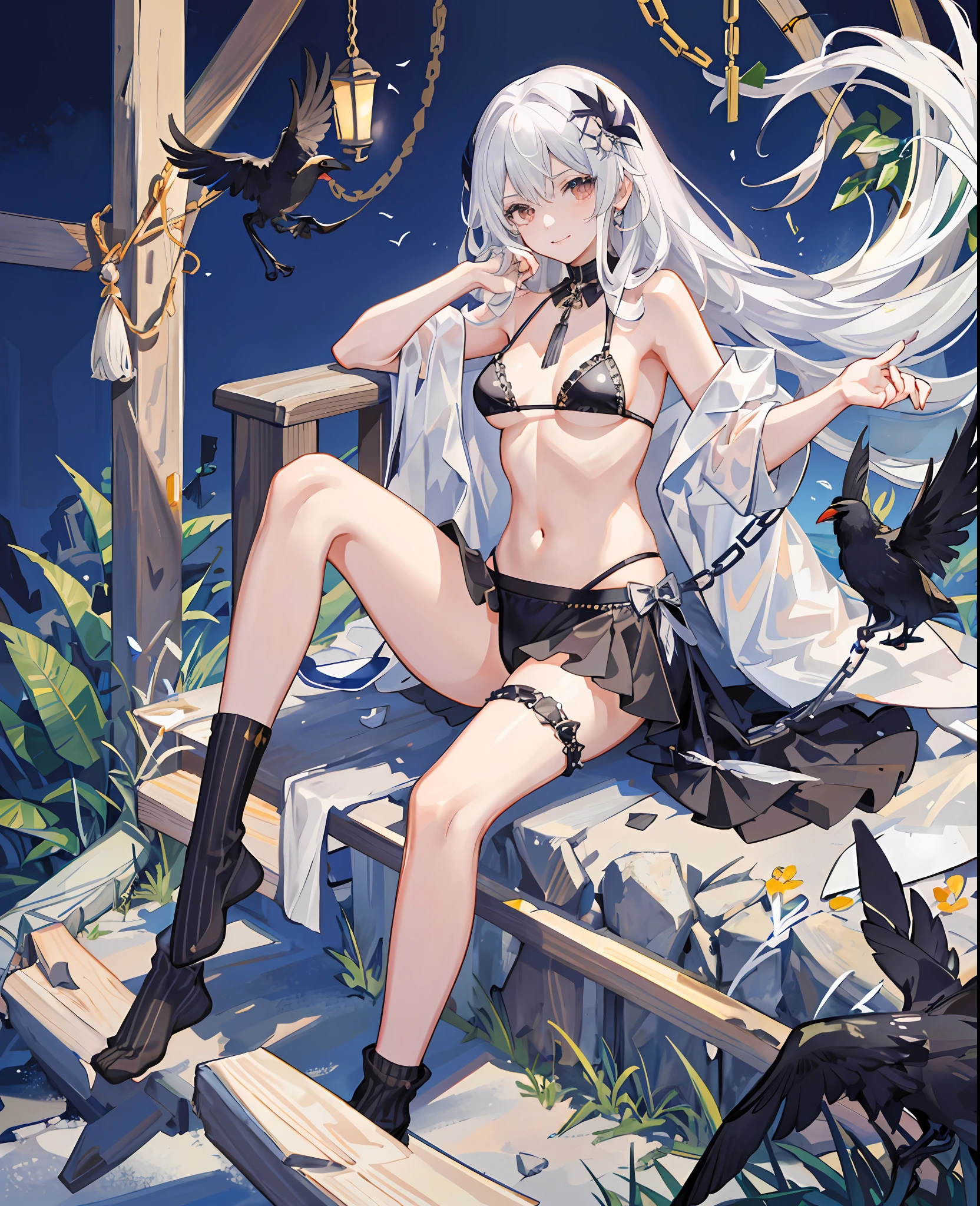 (Masterpiece), (Best quality), full bodyesbian,Simple background,Sitting,
1girll,Shiny hair,White hair,feathers hair ornament, White cloak, ((See-through)),navel,Light smile,hair
planting, flower, full_Moon,detective theme,((black sock)), ((crow)),Chains,废墟,
1 gir, in flower,black_Bikini,1girl in flower ,navel,