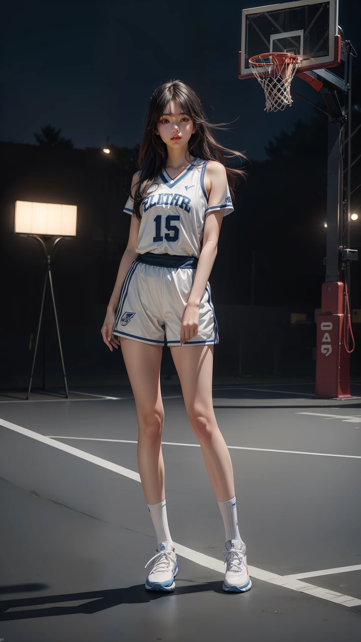 (8K, Best Quality, Masterpiece: 1.2), (Realistic, Realistic: 1.37), Ultra Detailed, Best Quality, Ultra High Resolution, Professional Lighting, Photon Mapping, Teleportion, Physically Based Rendering, Cinematic Lighting, Basketball Court, Depth of Field, Clear Focus, Sunlight, Good Composition, (Bokeh: 1.2) 1girl, solo, (full body), (mouth closed), beautiful and detailed eyes, posture, narrow waist, basketball uniform, black hair, messy hair, long hair fluttering in the wind, ( ulzzang-6500:1.2)