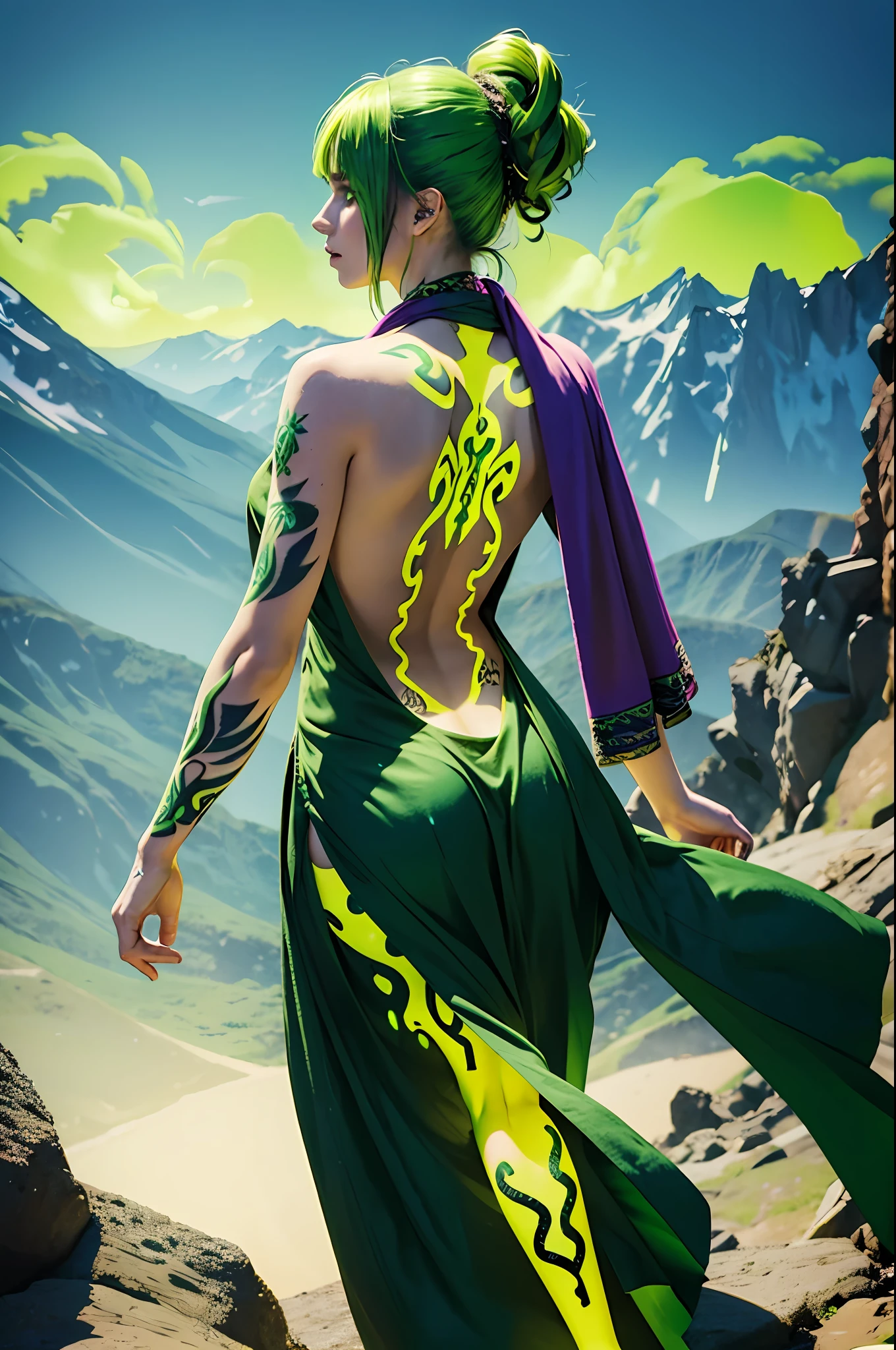 Gorgeous woman, back turned, looking into the distance, covered with (((green glowing tattoos))) , backless toga, full body shot, on a mountain top, sorceress