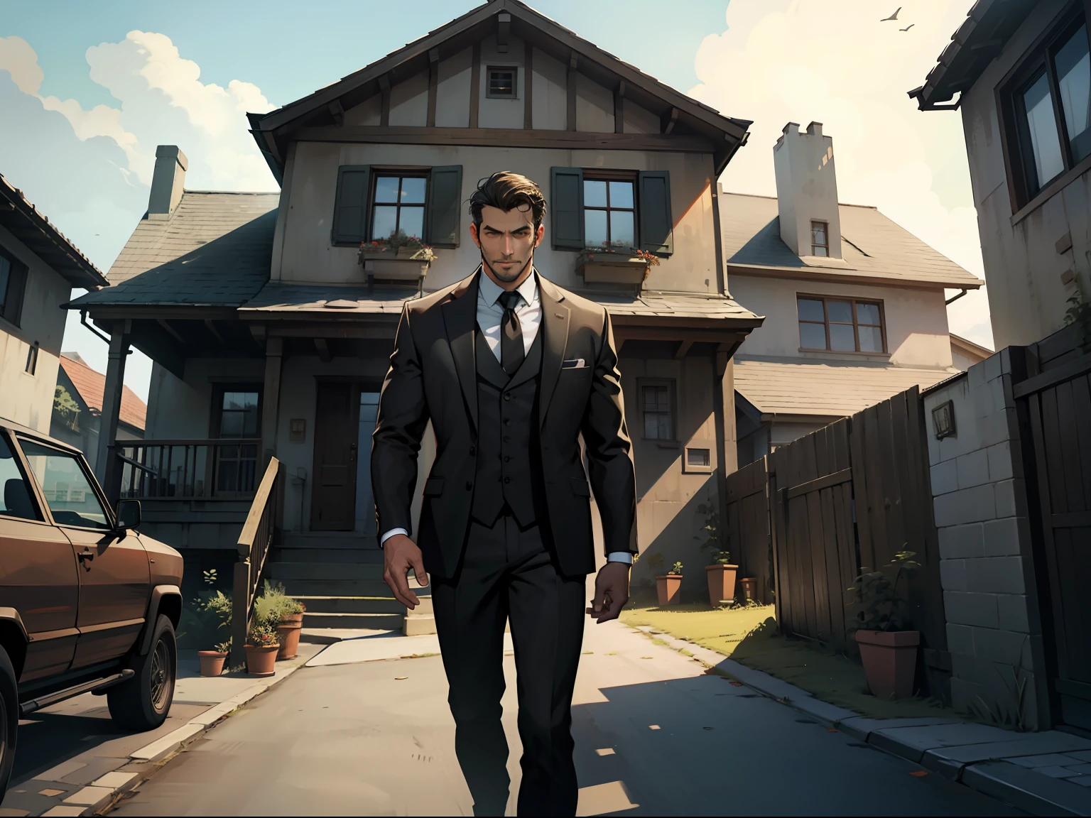 (One was wearing a brown suit,Handsome man with short black hair)Tall than the house,der riese,Panorama display