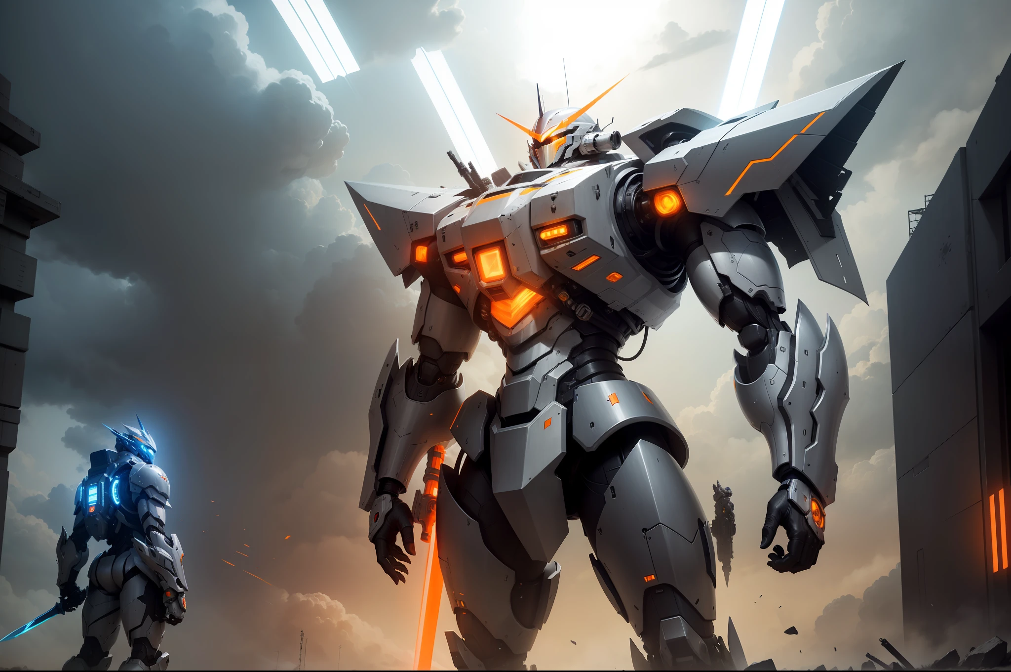 Huge silver-gray mech,Armed with a giant sword,The head has a V-shaped orange-yellow light-emitting device,There is an orange-yellow light-emitting device on the chest,It reflects the enormity of the mecha,It reflects the enormity of the sword