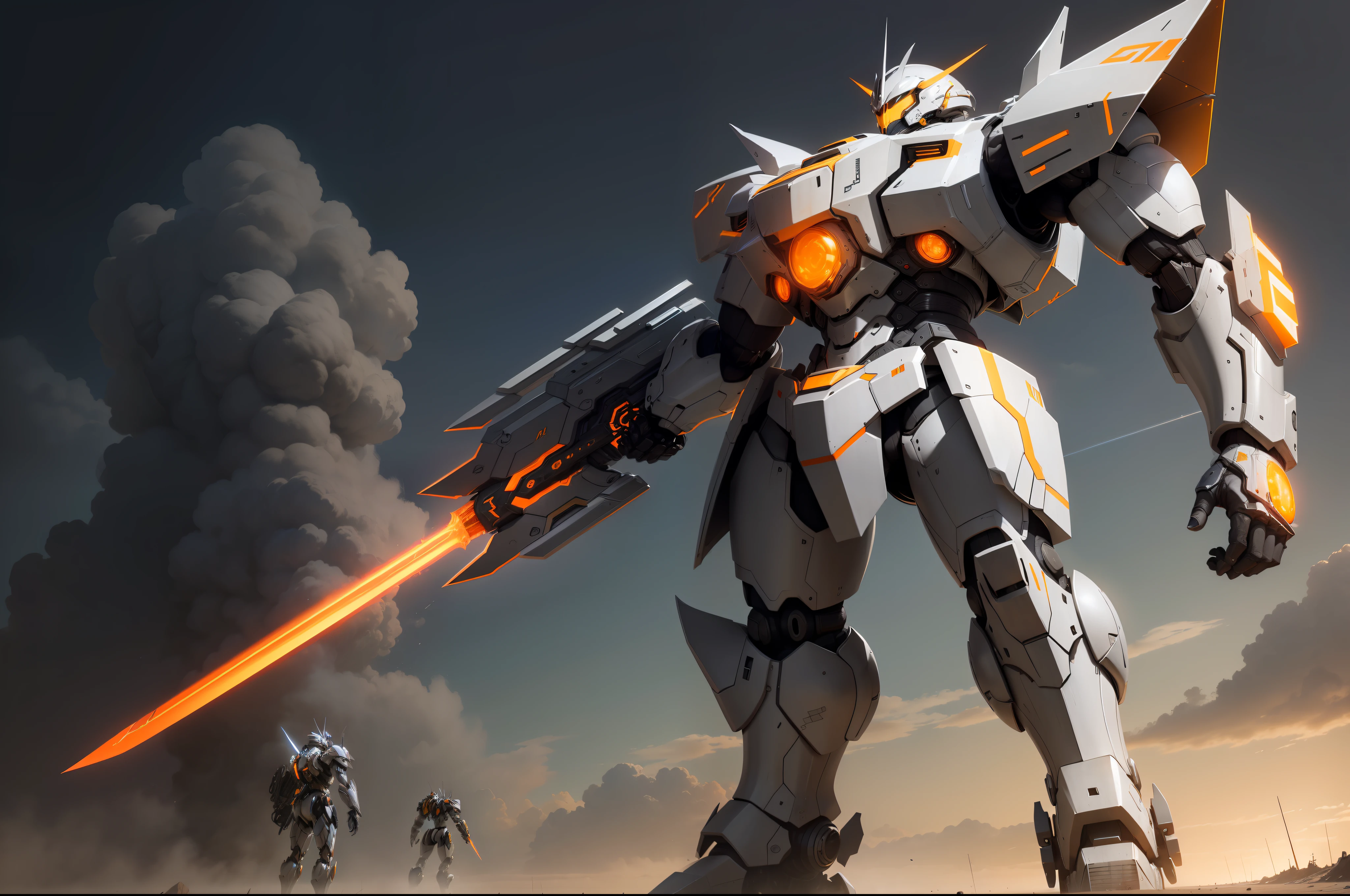 Huge silver-gray mech,Armed with a giant sword,The head has a V-shaped orange-yellow light-emitting device,There is an orange-yellow light-emitting device on the chest,It reflects the enormity of the mecha,It reflects the enormity of the sword