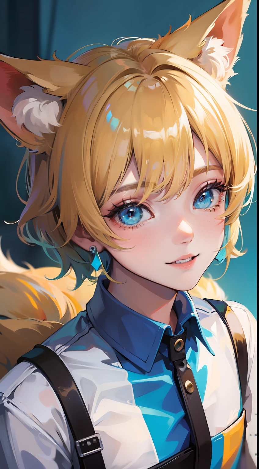 Young guy, short blonde hair, Fox ears, Cyan eyes, pop-idol, ssmile, Masterpiece, hiquality