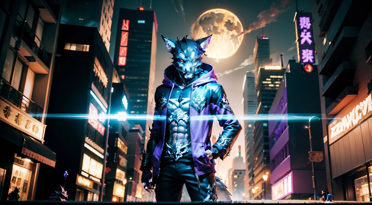 3D,emperor dark fox, Giant attack in city, zombie , devil, head wolf half dragon, body gold skeleton, long jacket purple with Hoodie,pants white, three tails Scorpions.