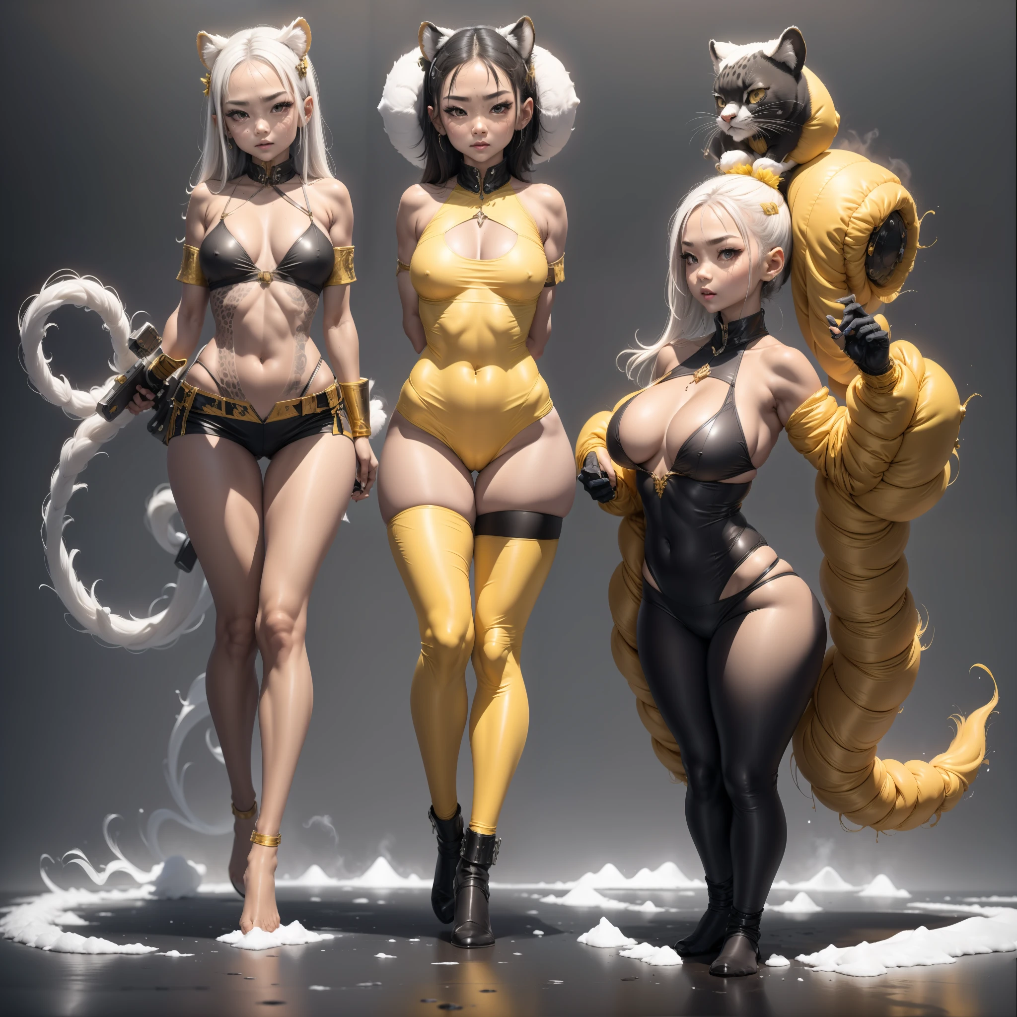 Copper model，Snow leopard cover， Silvertone，Half body side， Weapons of the future， 32K, Linen cloak, Top quality, Masterpiece:Faust，,1 child， short detailed hair， thin fog， （tmasterpiece，k hd，hyper HD，16k）,clutching a sword，blood sky， Brunette knife， Shorts smoke ， 独奏，Lemon yellow background