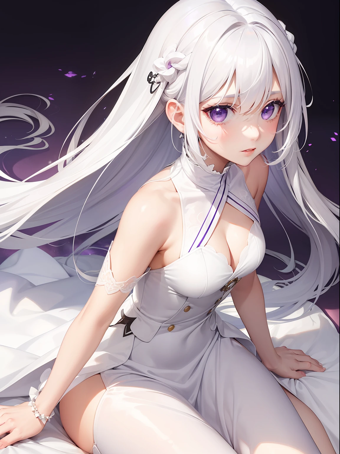 a women, white hair, purple eyes, white dress