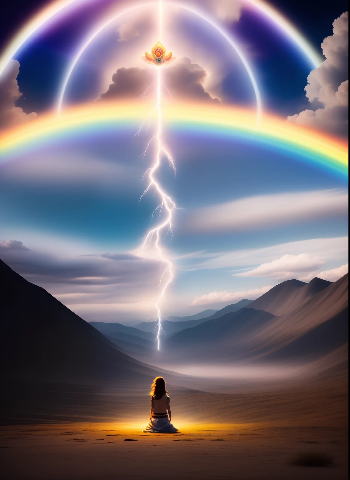 There was an angry woman kneeling on two large snakes, one red and one black,Hair stands on end,choker necklace,Delicate,bangle,ankle bracelets,Soft and light clothing,Flowing clouds,Cloud,fresh flowers,(nice hand),(Good feet),(good legs),realisticlying,white skinned,((Correct body structure)),decorated in white,The sky is cloudy,A lot of lightning,Head background with round light,Behind him is a rainbow circle,Clouds and lightning,Unreal space,ethereal world,dreamworld,tmasterpiece,4K,ultra-definition,professional photoshooting,