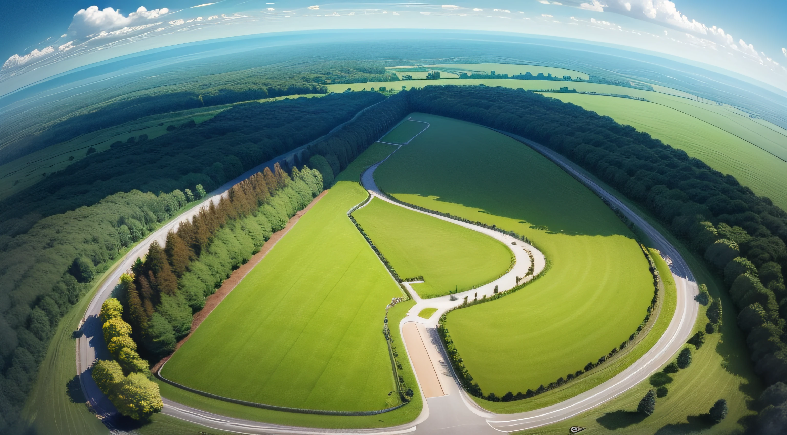 Aerial view from a drone through white clouds on a green field and forest with a road and a passing car. Natural layout