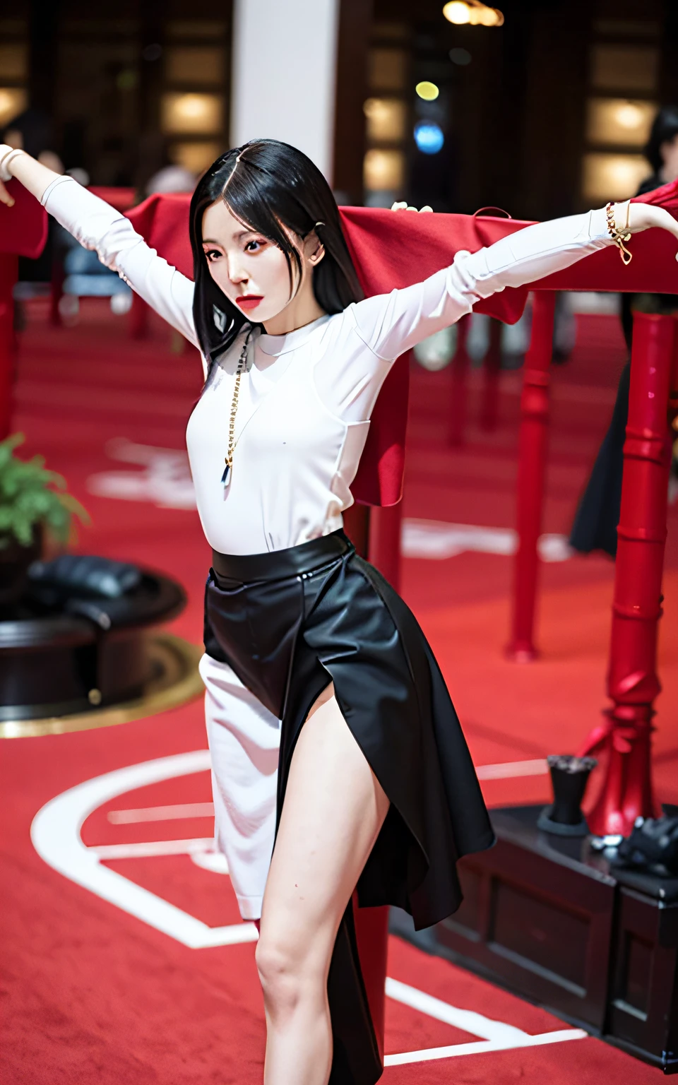 The Arapei woman in a white blouse and black dress poses for a cross, cruel korean goth girl, metal chain and black cape, korean women's fashion model, full-body xianxia, ulzzangs, sun yunjoo, Choi Hyun-hwa, iu lee ji-eun as a super villain, tifa lockheart, sensual gloomy style, Tifa Lockhart