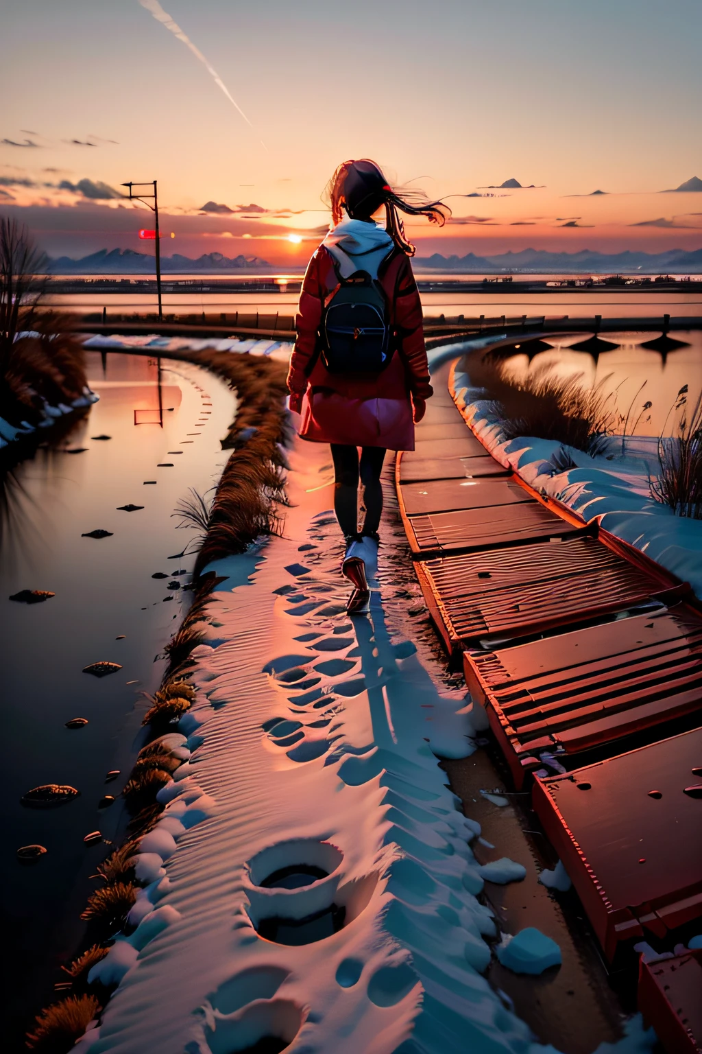 It was February,The winter sunset spreads from the west to the whole world,The silent red is like a layer of paint in an oil painting,Change the color of all pedestrians。