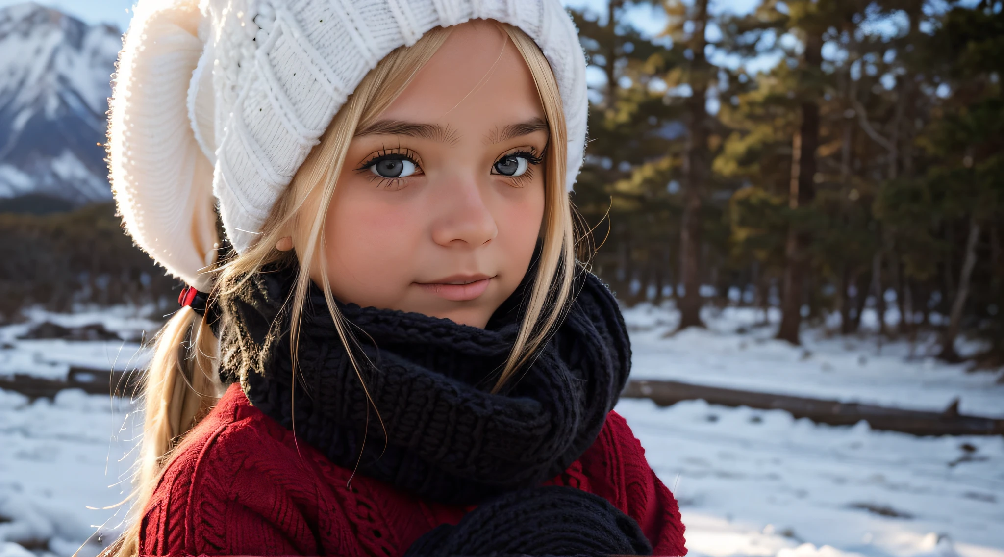 GIRL BLONDE CHILD with long hair wearing a RED sweater and black ear warmers, sonolento, wearing fluffy black scarf, doente com um frio, frio, loli, um frio, franja fofa, com pele fofa branca, orelhas, sonolento rosto modelo de moda, triste, twintails white_gloves, pele fofinha, adolescente, noites frias congelantes, inverno frio, orelhas pretas