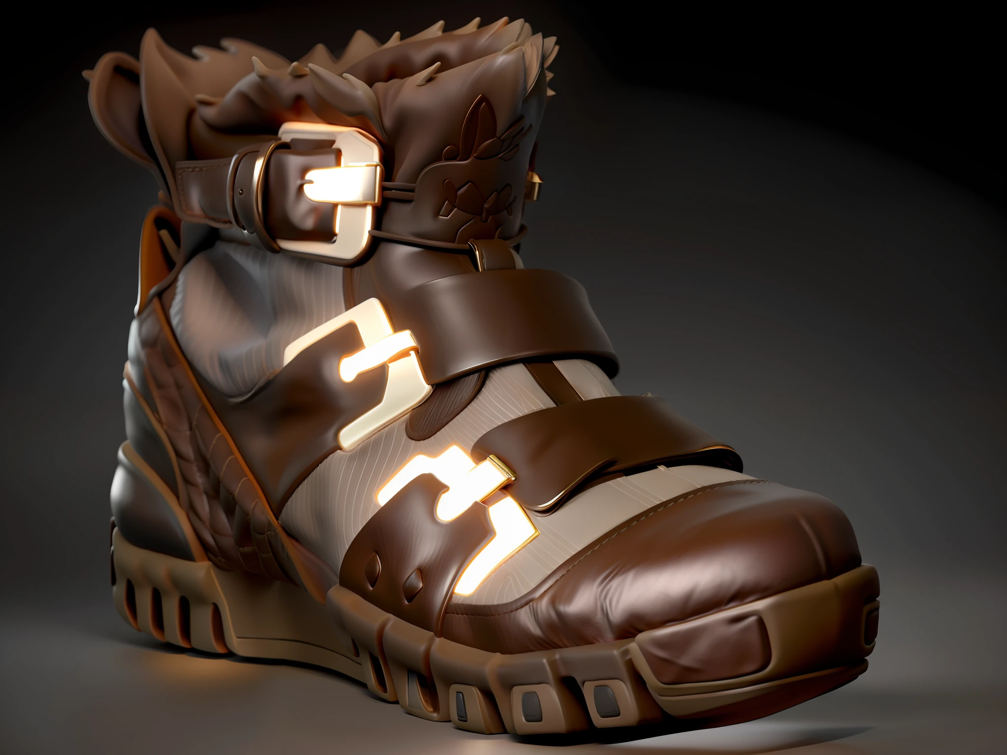There is a close-up of a chocolate colored shoe,The collar has a furry feel, stylish shoe design, dune style, Bottom view , Fashionab