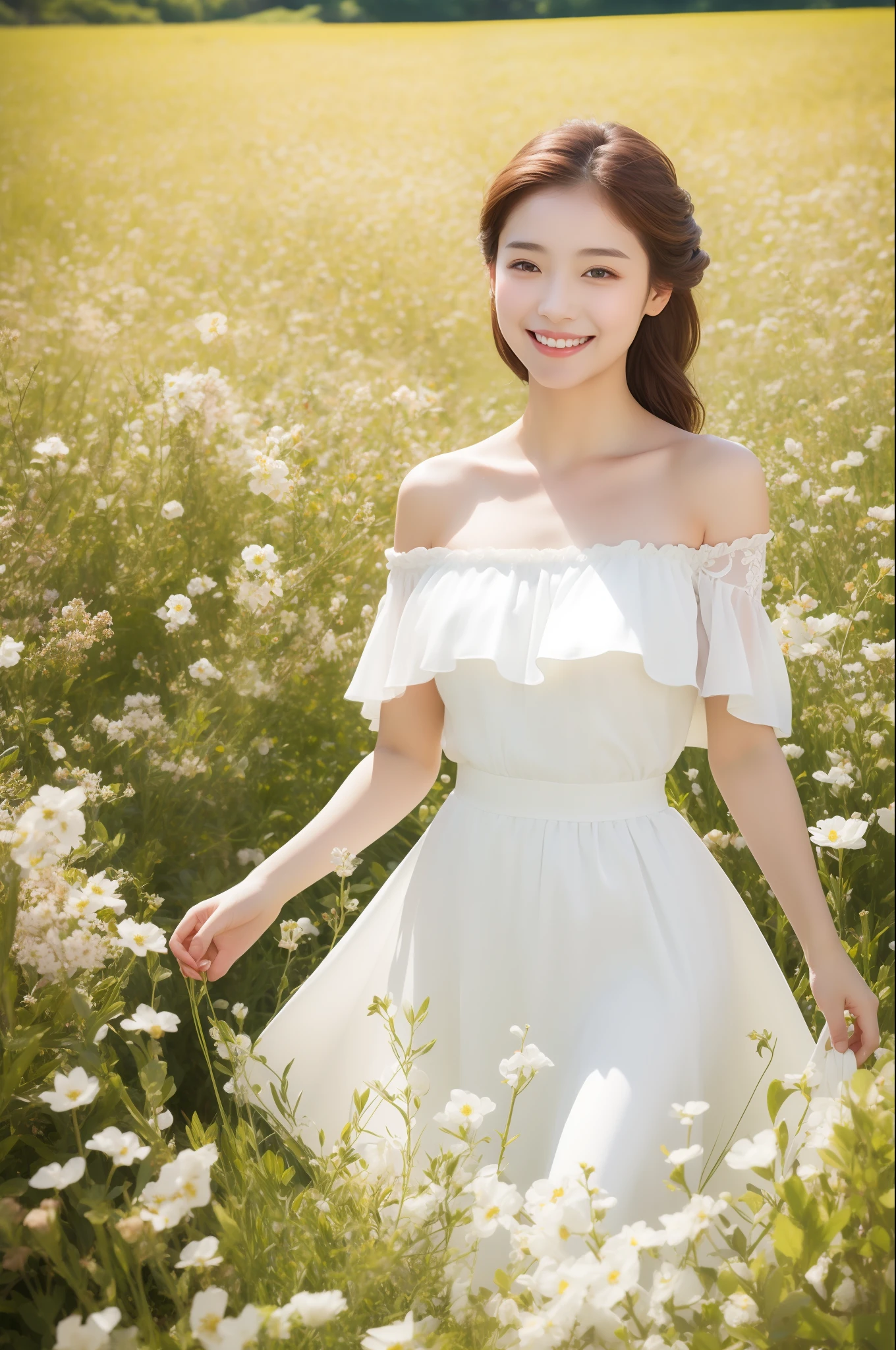 Best quality, masterpiece, ultra high res, (photorealistic:1.4), raw photo, 1girl, white dress, off shoulder, blossom flower field, glowing skin, light smile